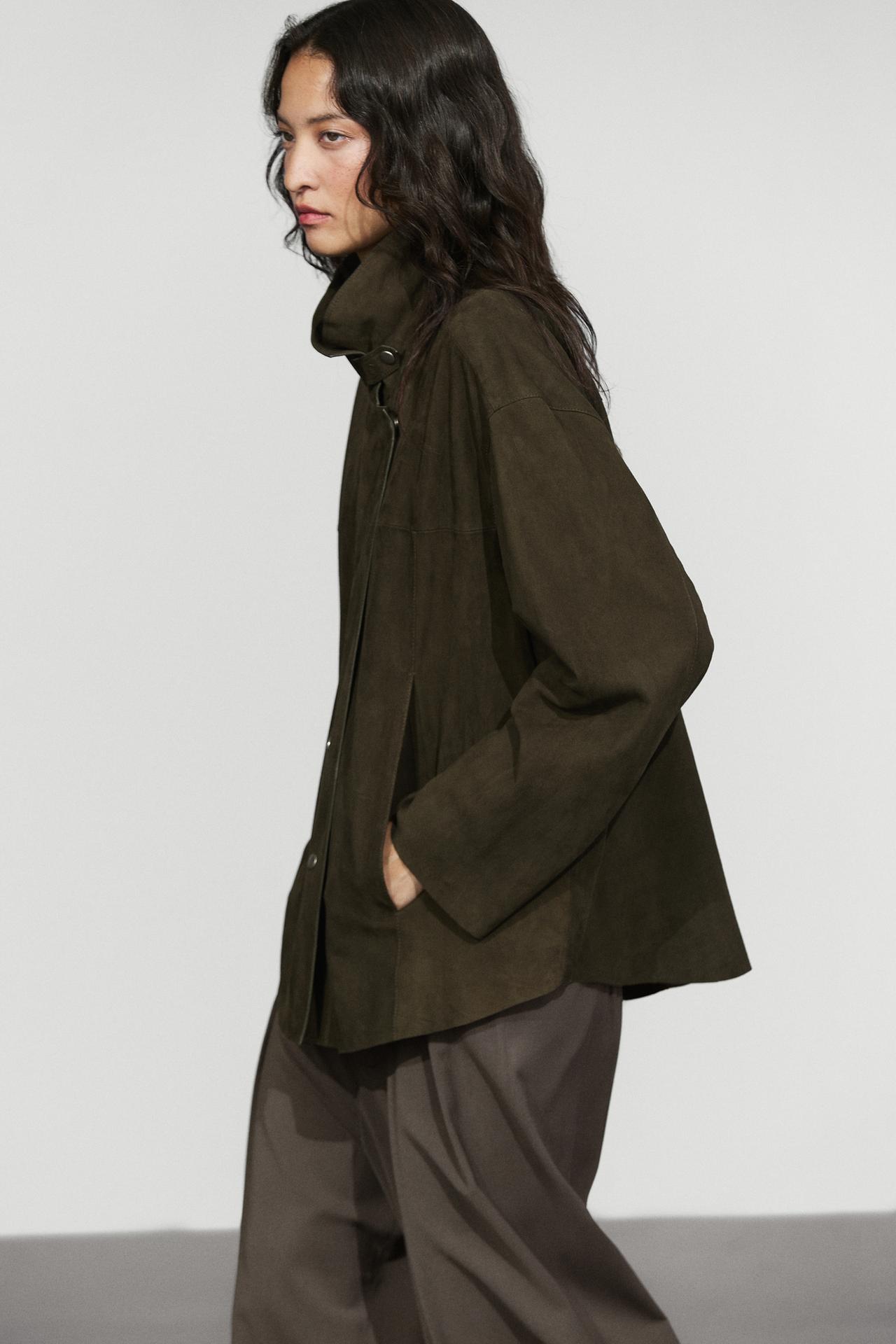 Suede high neck jacket — KHAKI