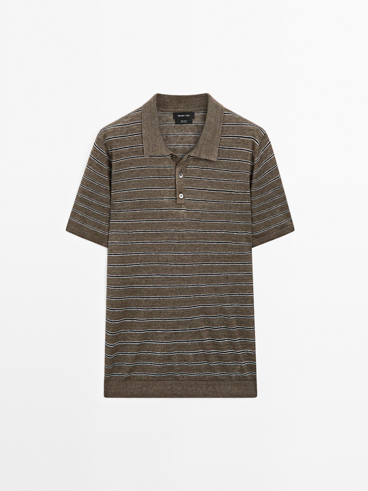 Massimo Dutti - Herre - Stribet Poloshirt I Strik Af 100 % Hør - Brun - M