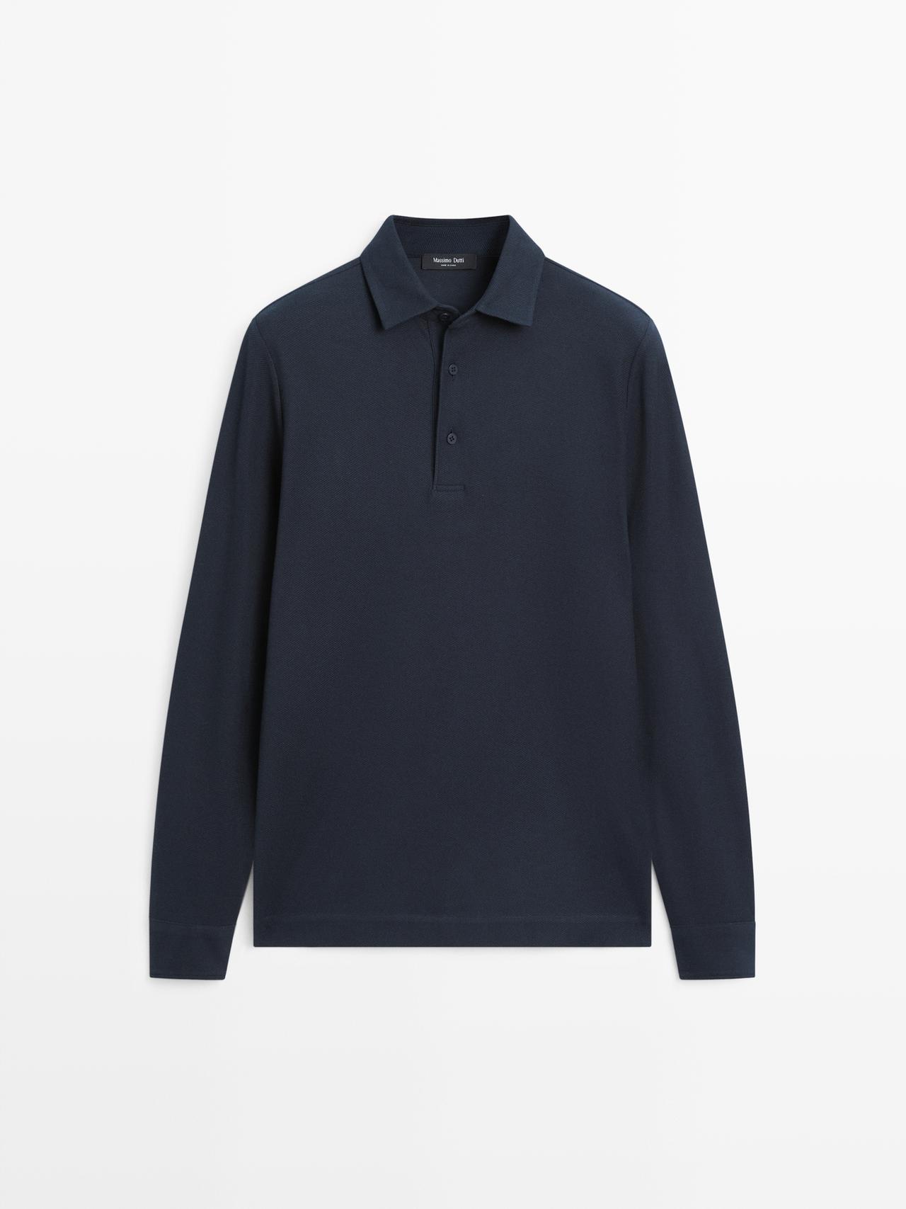Massimo Dutti - Herre - Strukturvævet Poloshirt I Piqué Med Lange Ærmer - Marineblå - Xxl