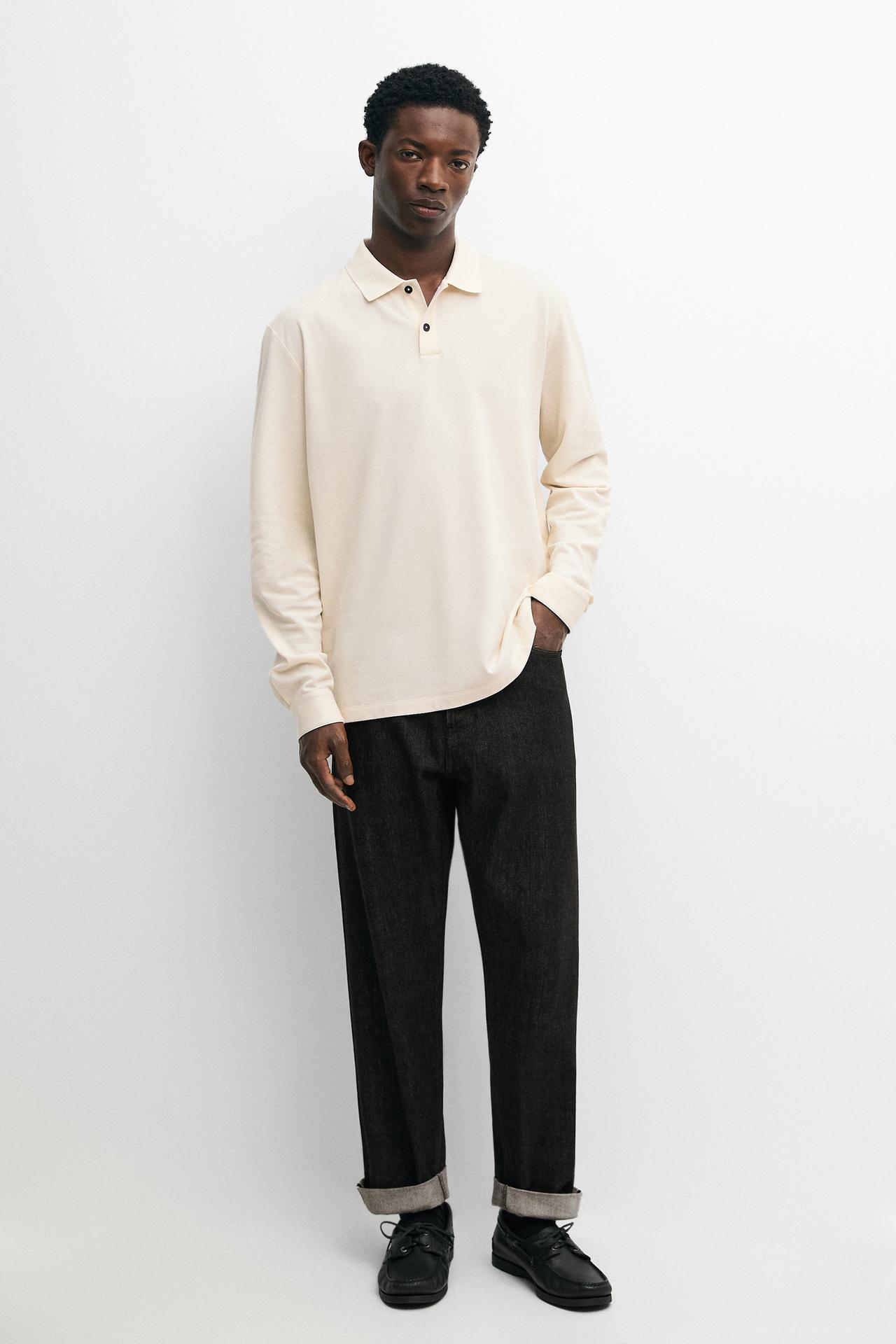 100% cotton micro-textured knit polo shirt — BEIGE