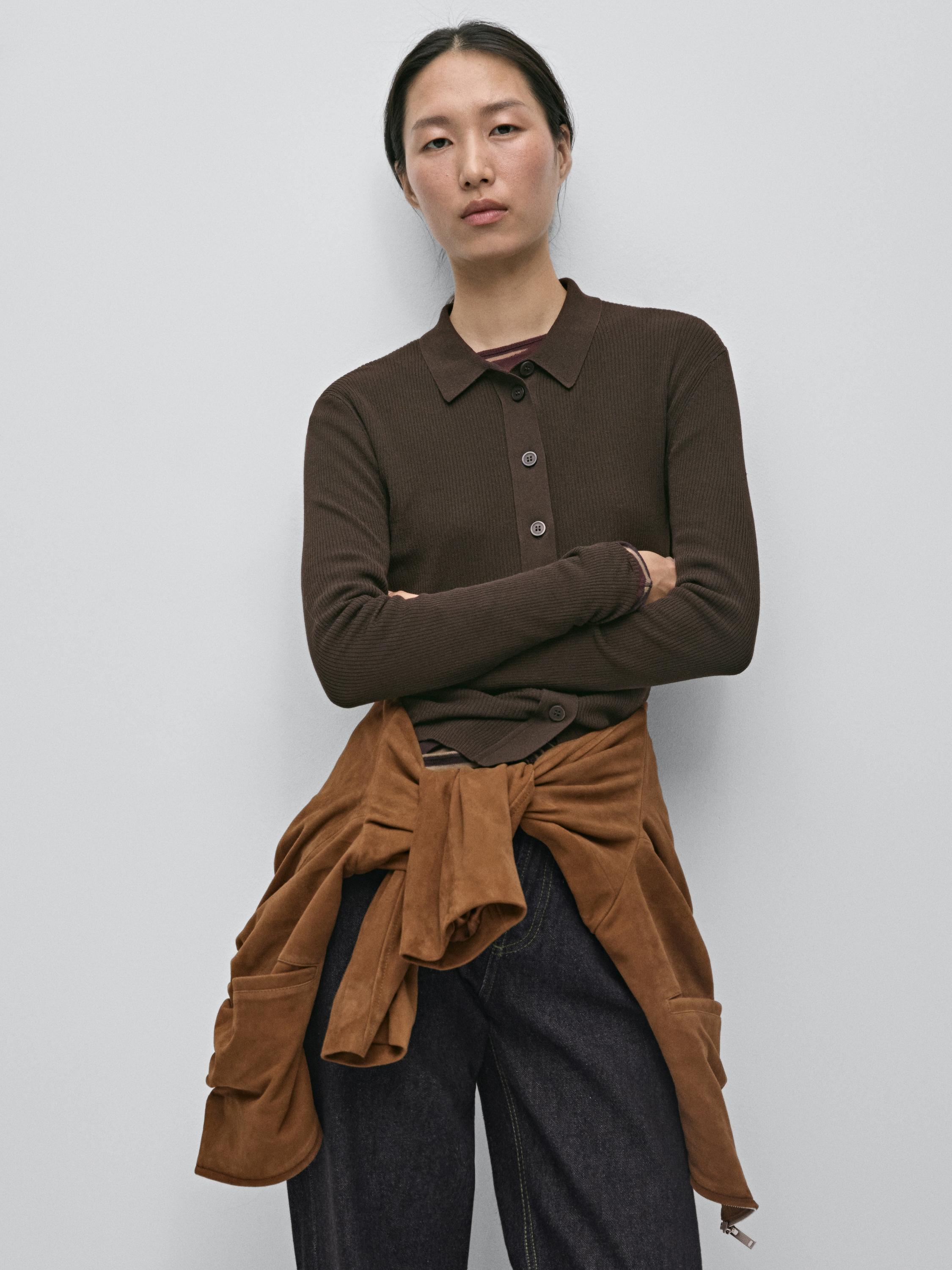 Knit cardigan with polo collar