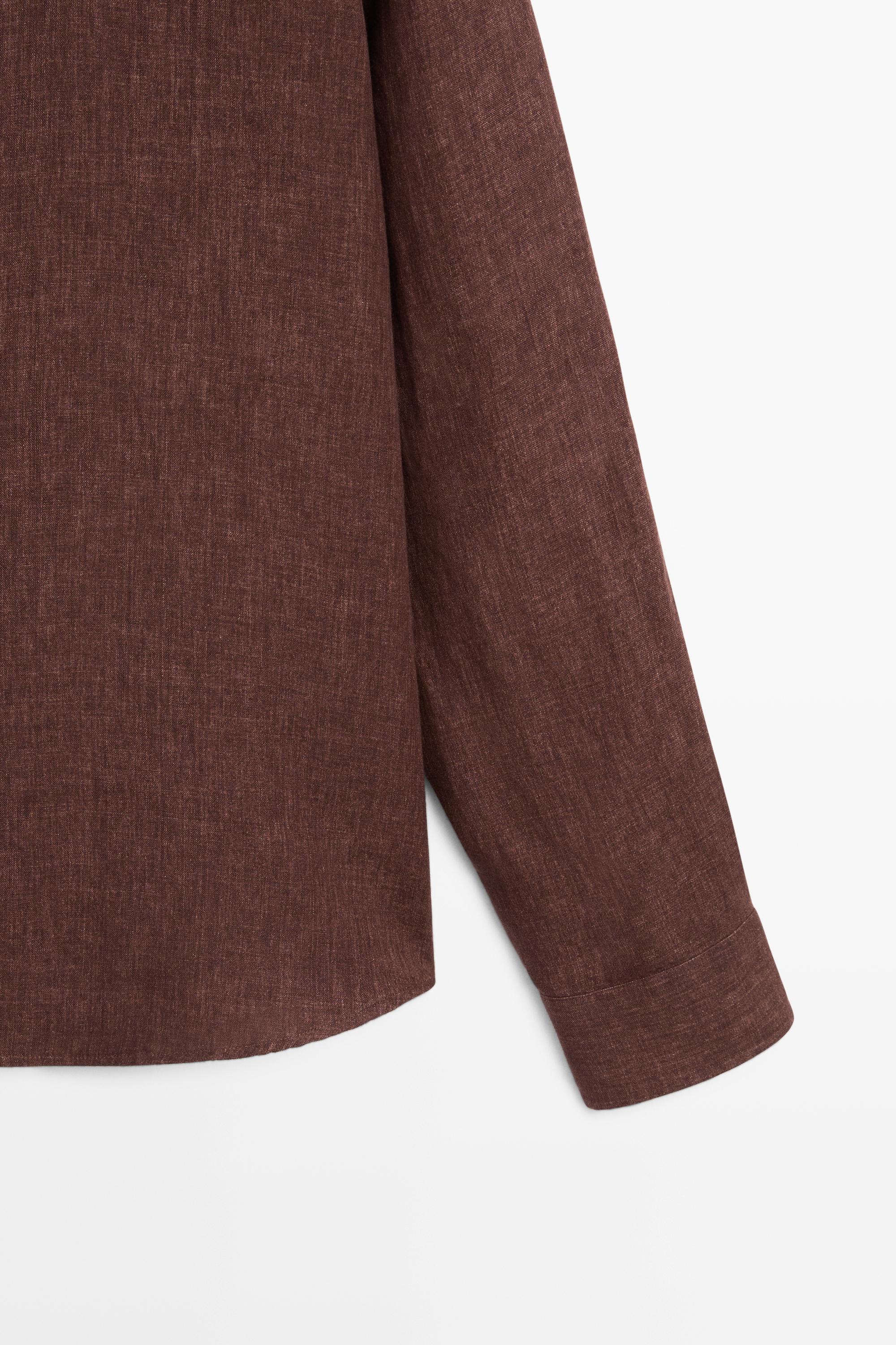 100% linen regular fit shirt with button detail — BROWN