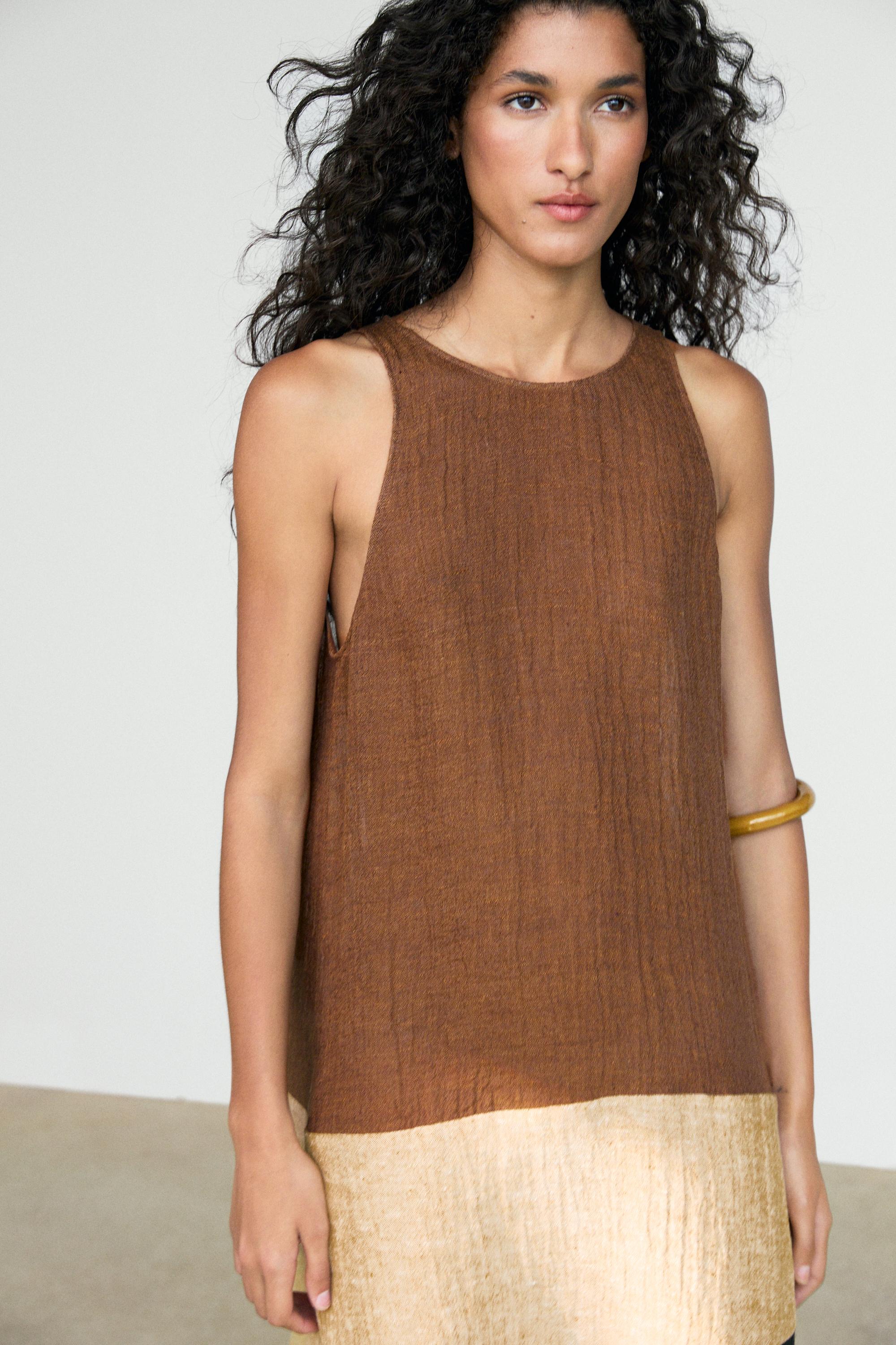 Combined linen blend midi dress — BROWN