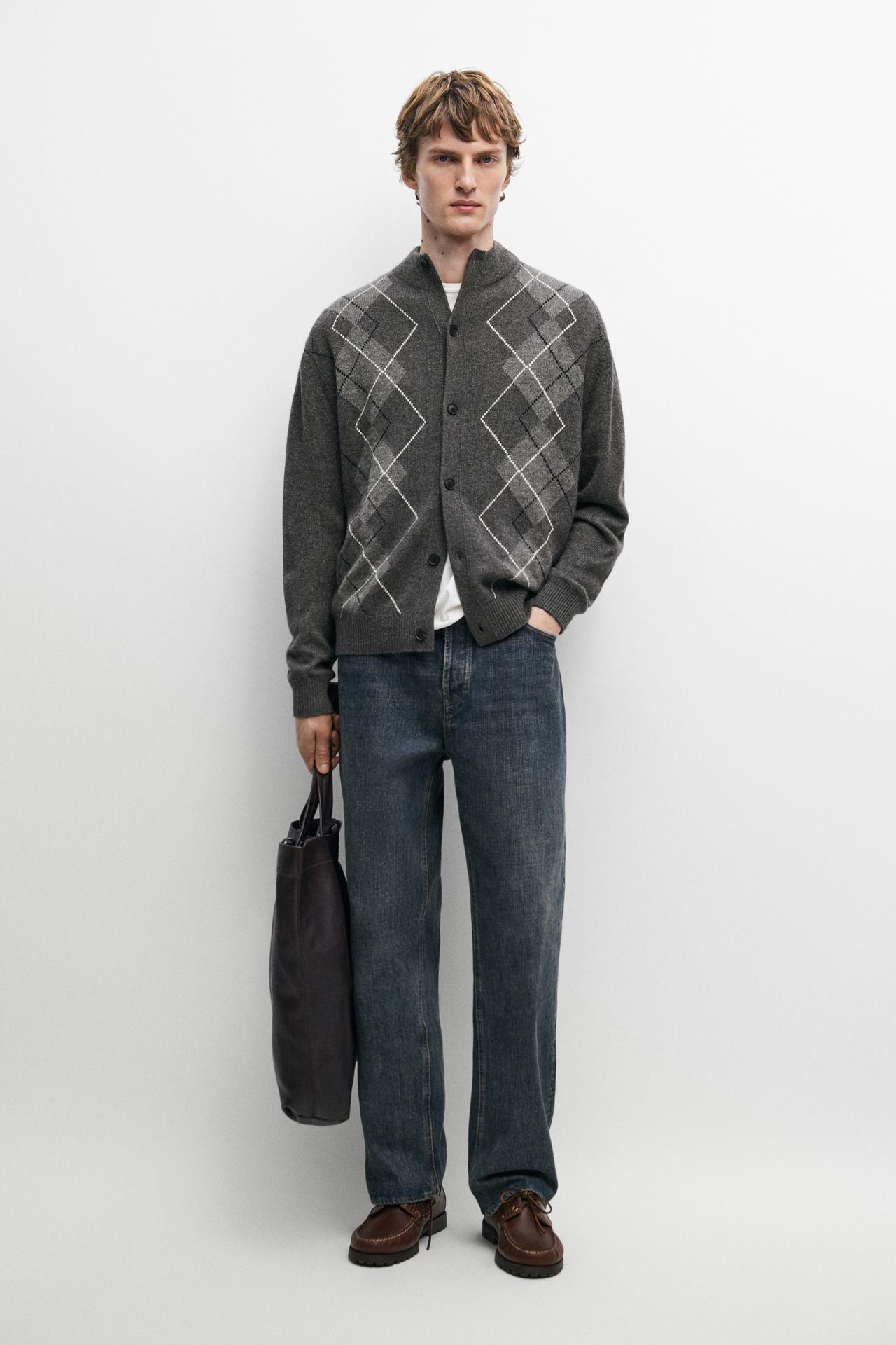 100% cashmere argyle knit cardigan — CHARCOAL