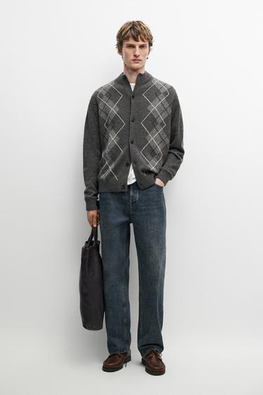 100% cashmere argyle knit cardigan — CHARCOAL 1