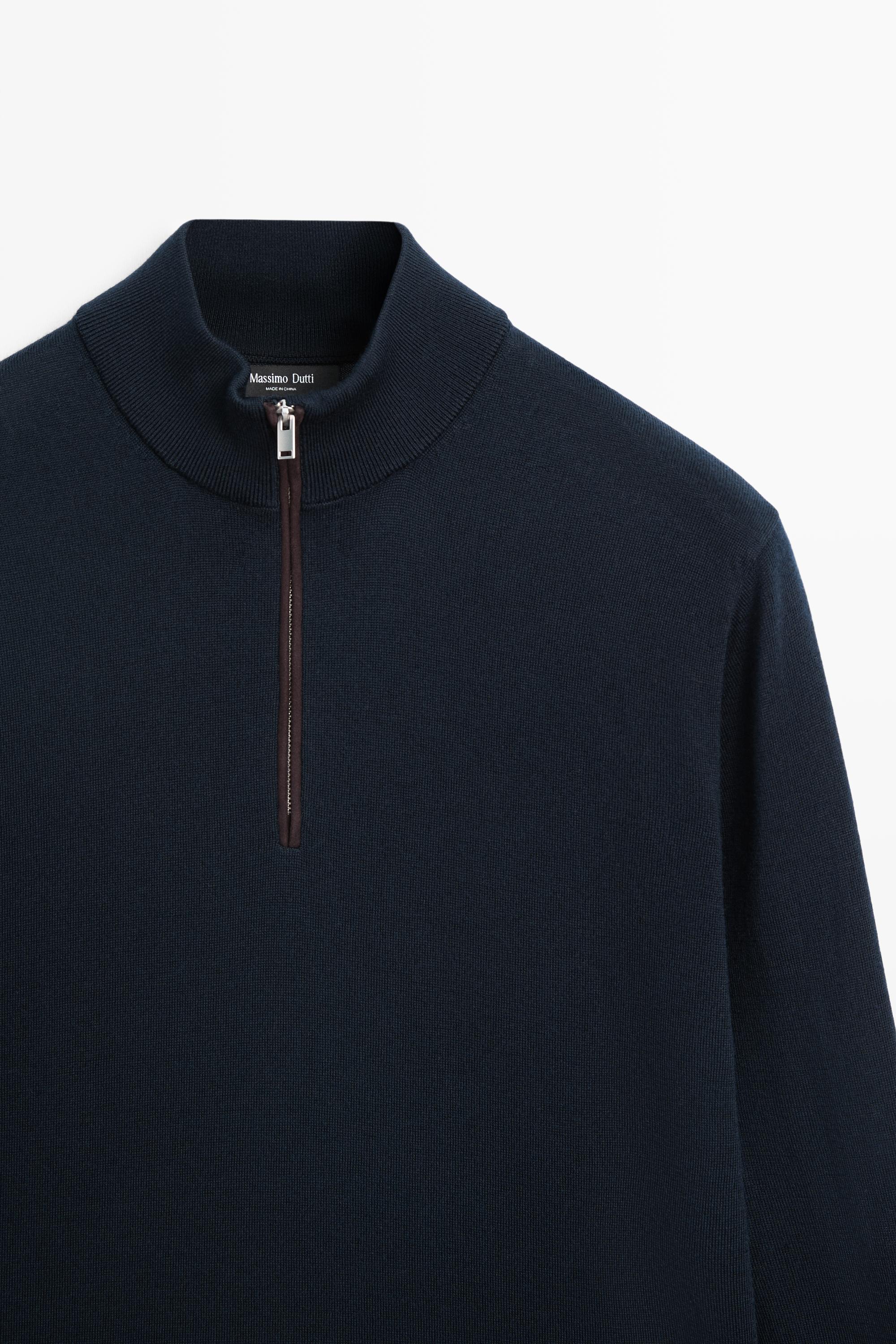 Merino wool blend mock neck knit sweater — NAVY BLUE