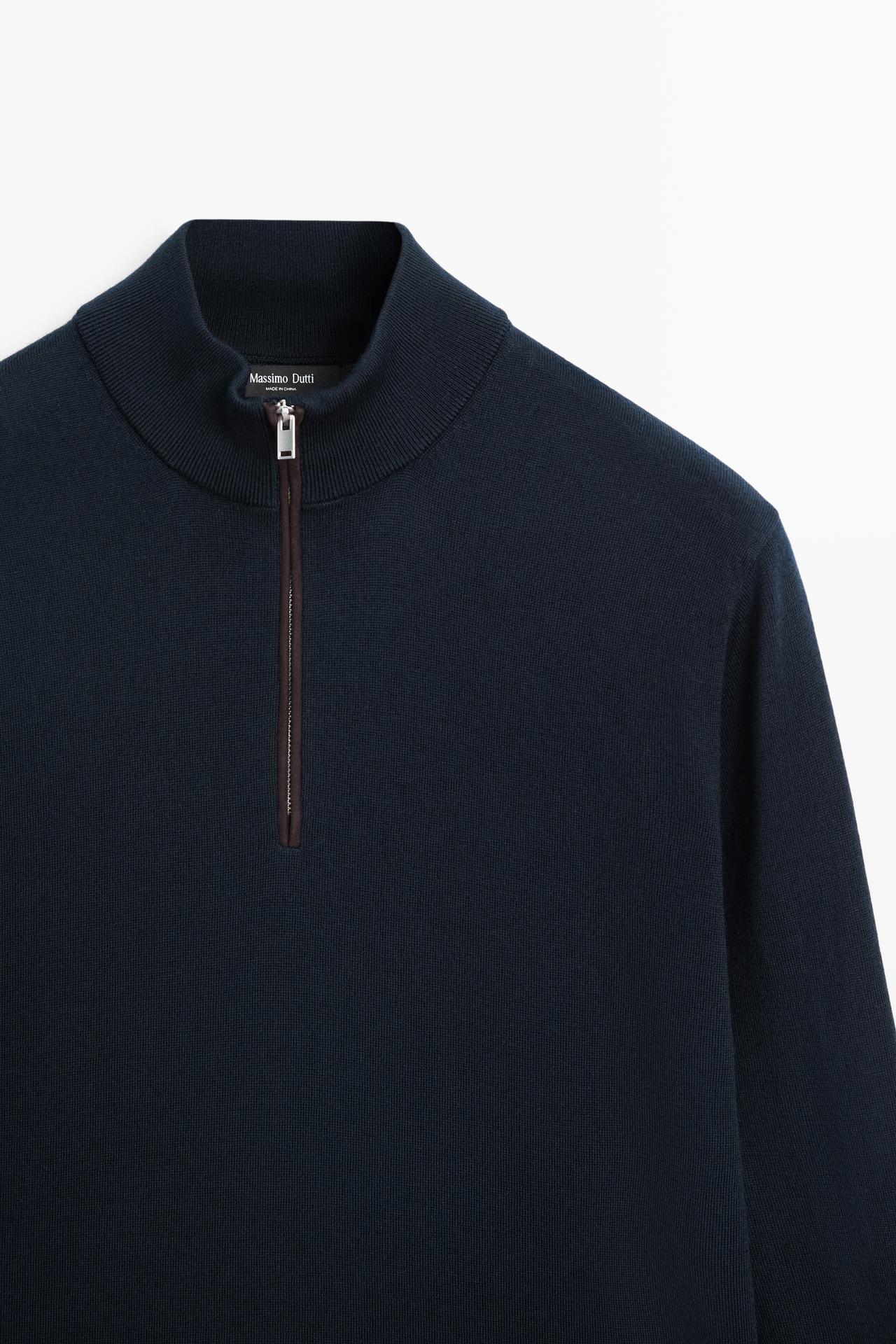 Merino wool blend mock neck knit sweater — NAVY BLUE