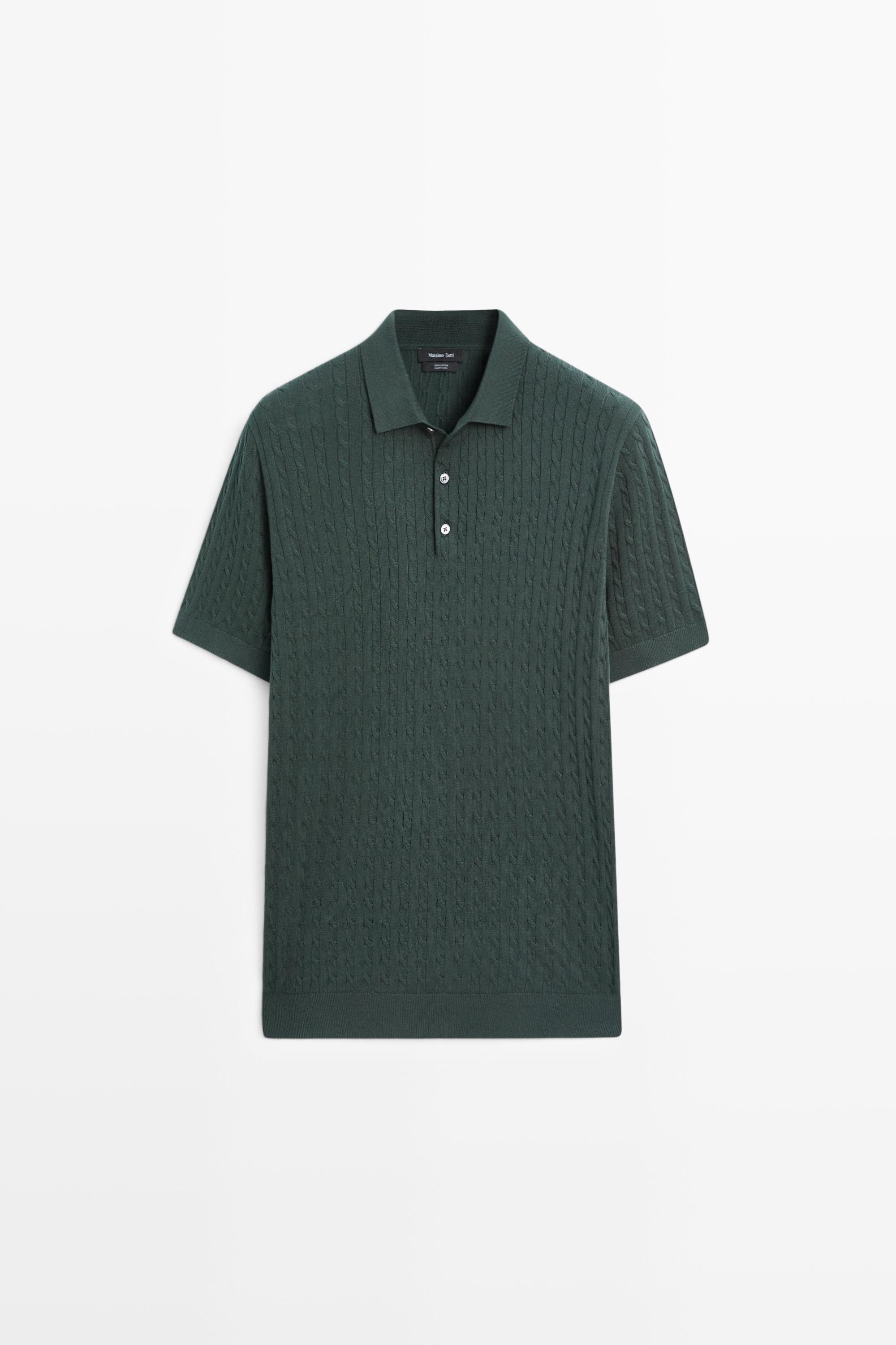100% cotton cable-knit polo shirt — DARK BOTTLE GREEN