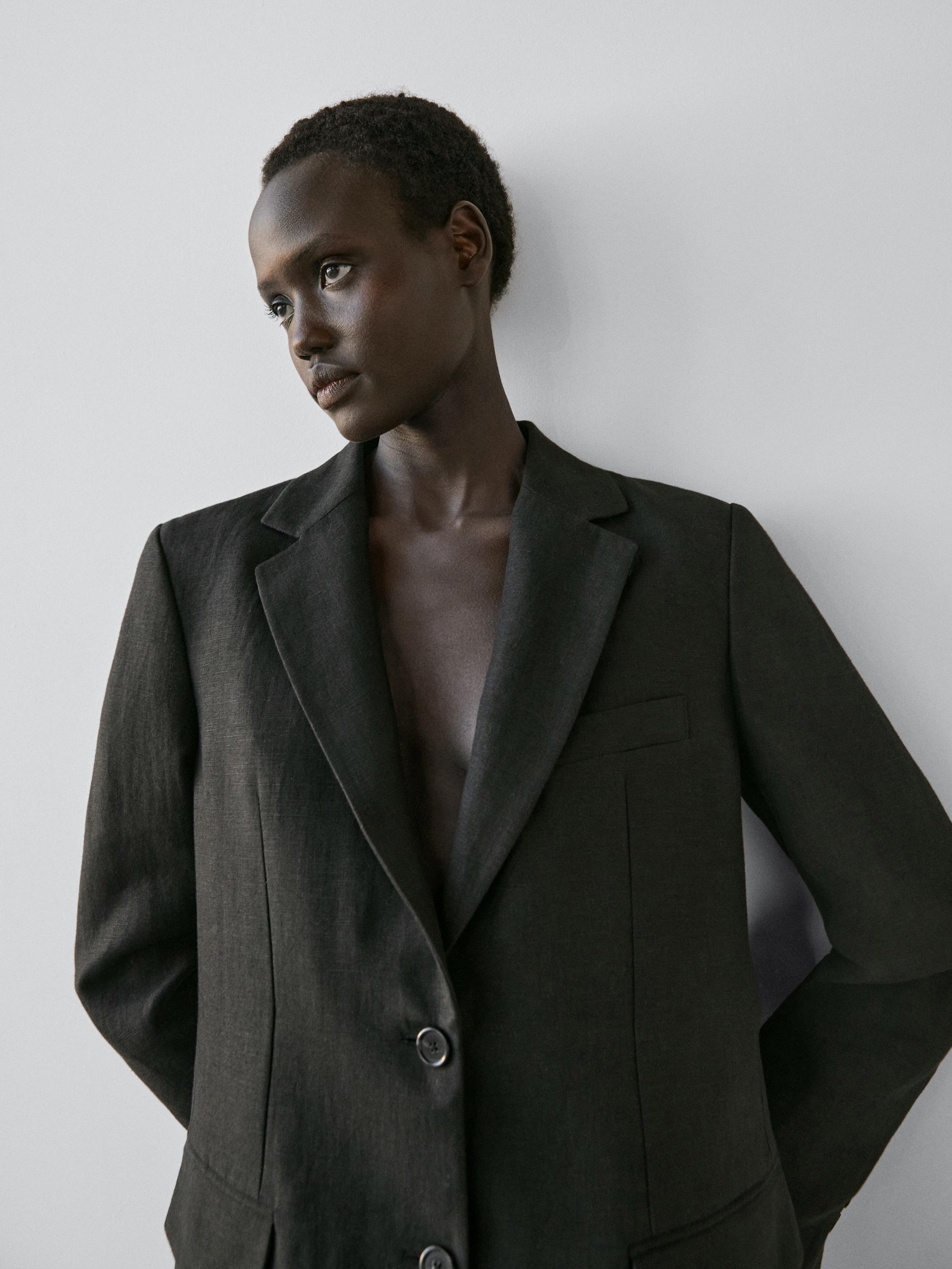 100% linen blazer with pockets — BLACK