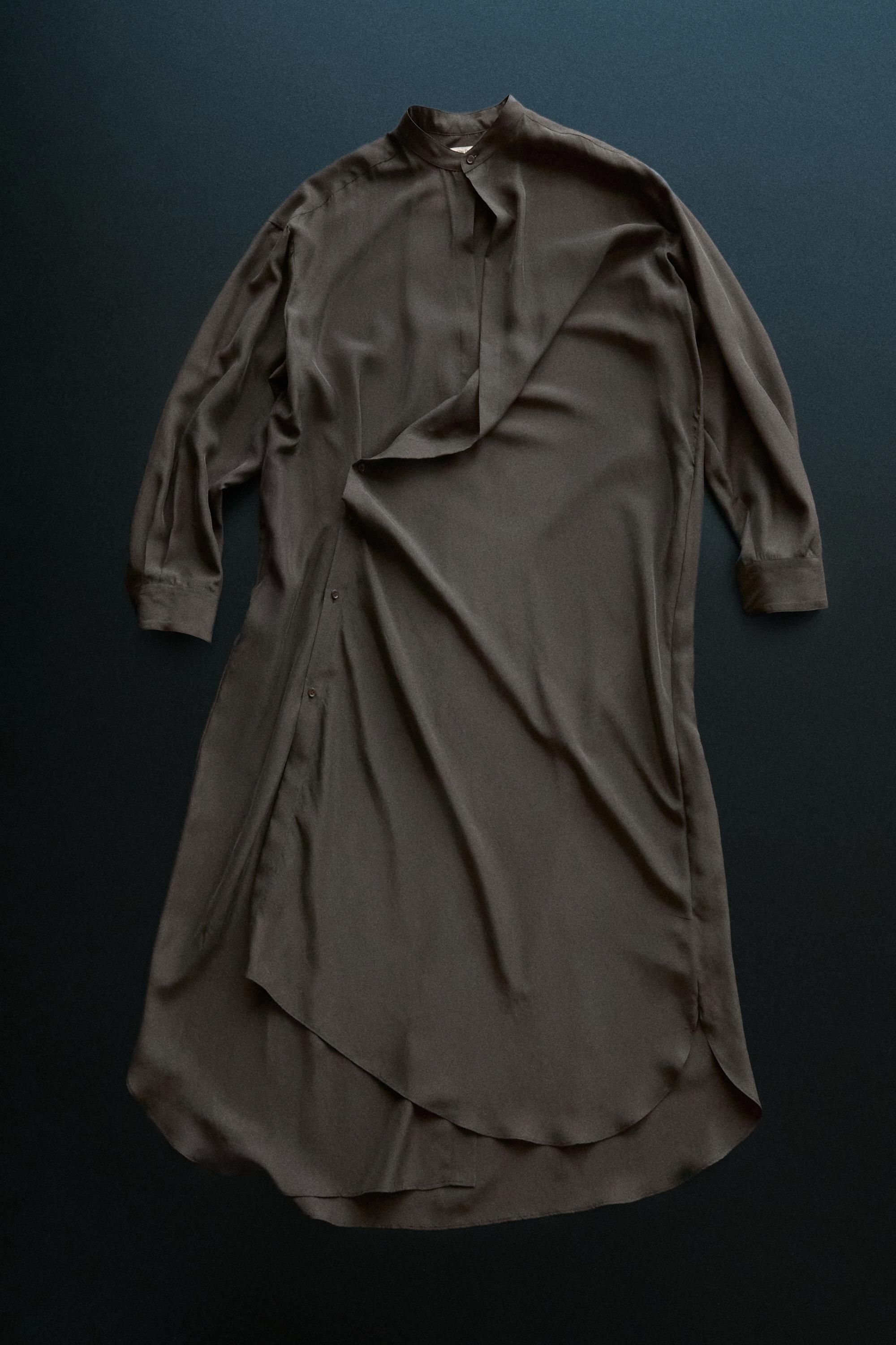 100% silk midi dress with fastening detail - STUDIO — DARK KHAKI