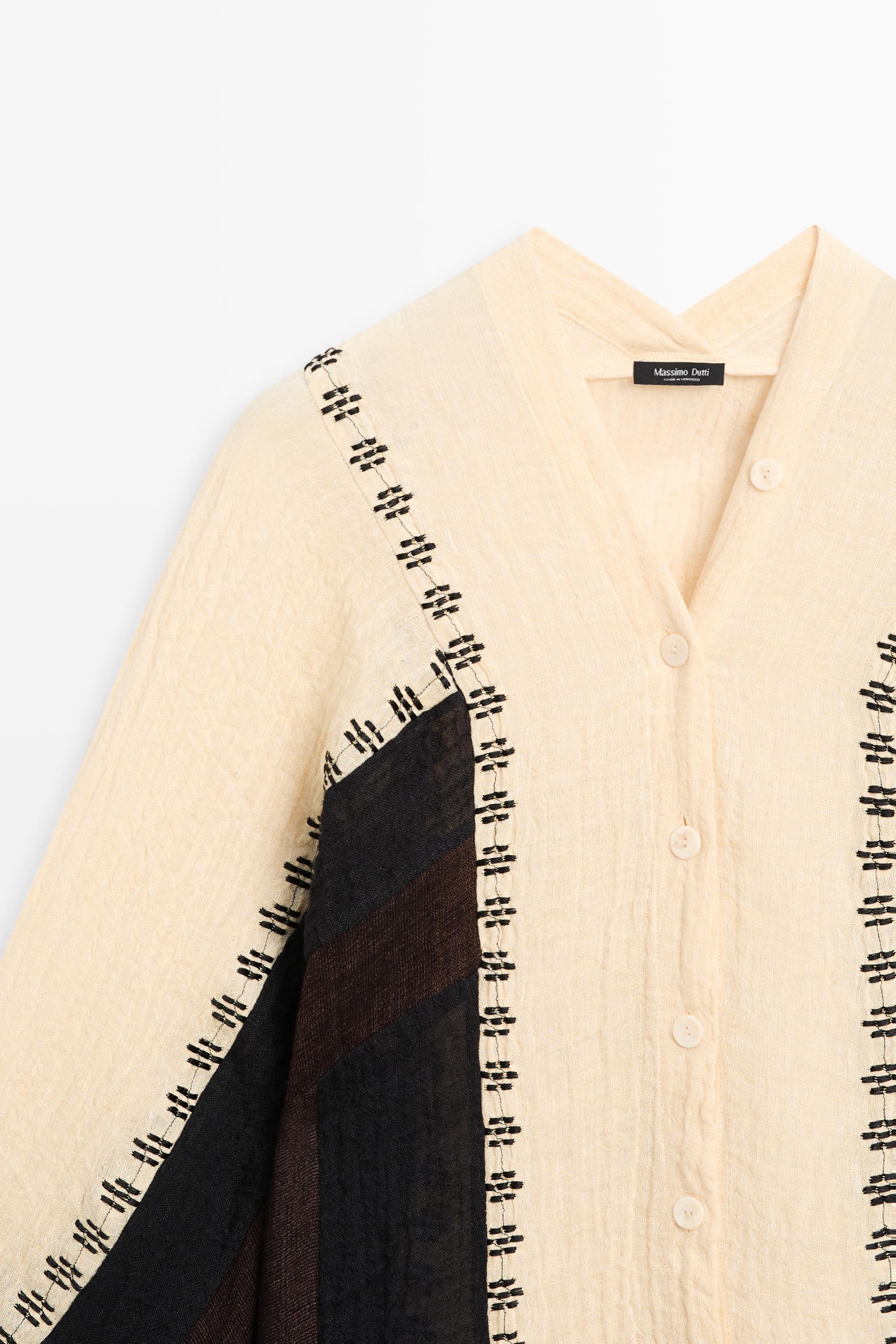 Linen blend embroidered kaftan dress — BROWN