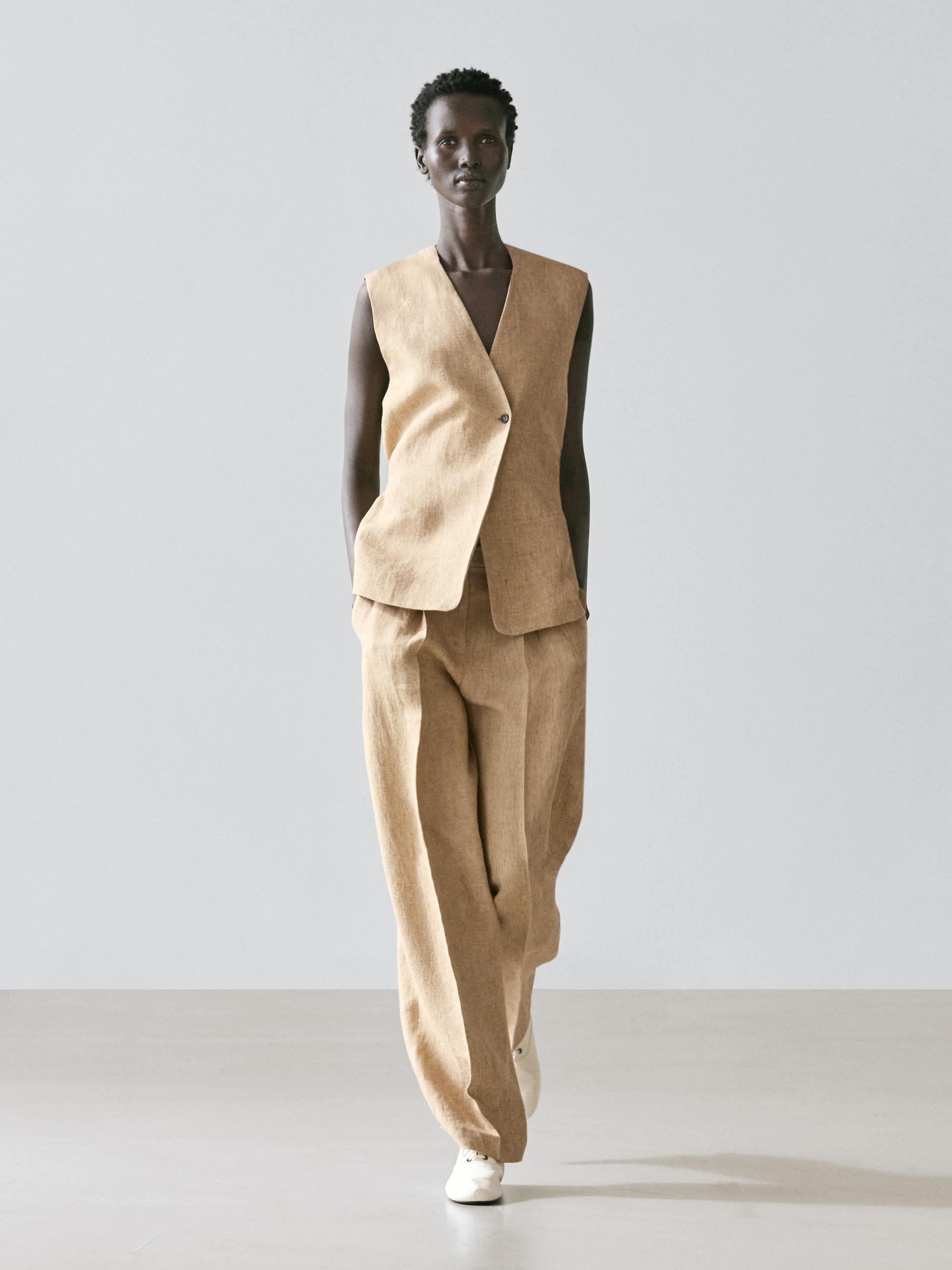 Chaleco Cierre Cruzado Lino - Beige - S - Massimo Dutti - Mujer