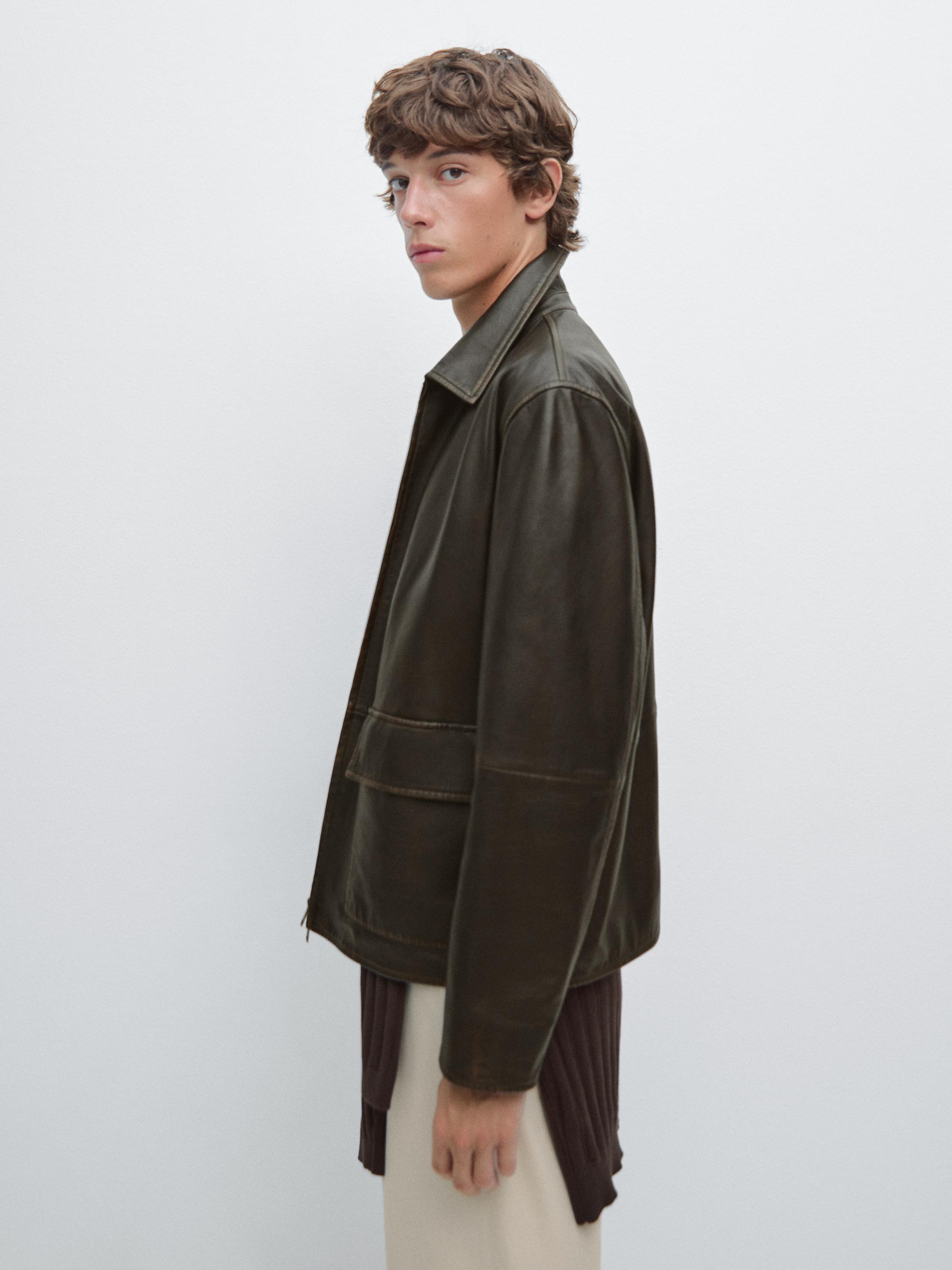 Distressed effect short nappa leather jacket