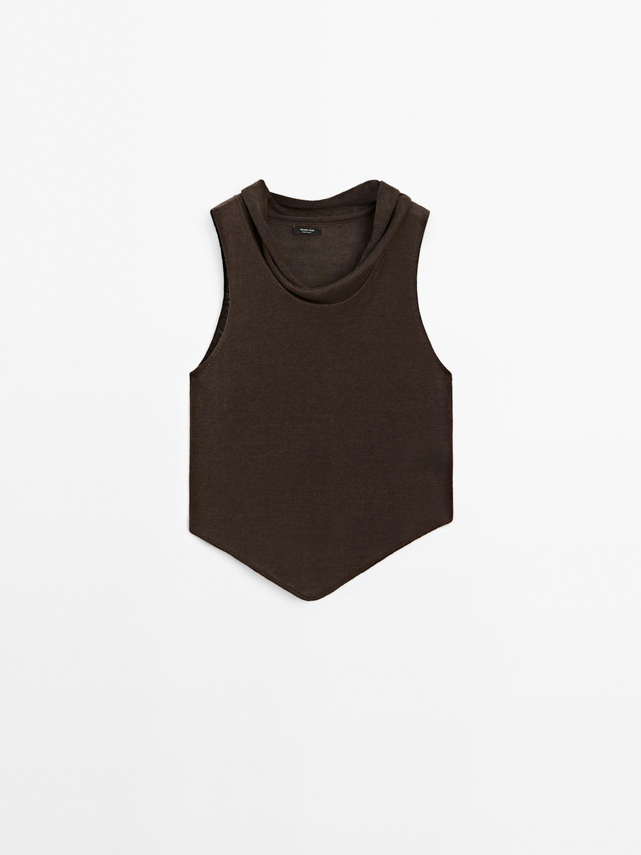 Massimo Dutti - Dame - Asymmetrisk, Draperet Top I 100 % Hør - Chokolade - Xs