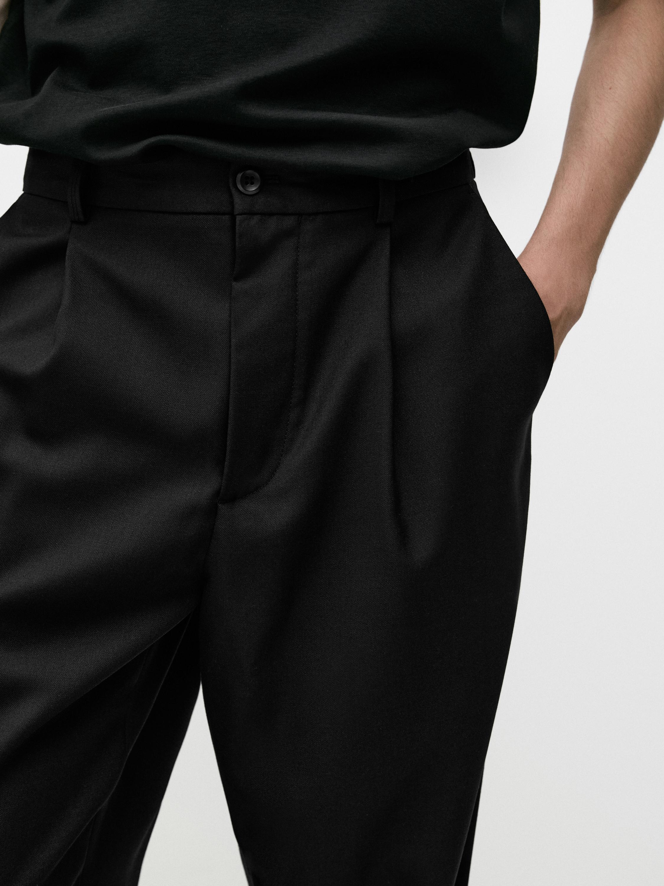 Relaxed fit darted cool wool blend trousers — BLACK
