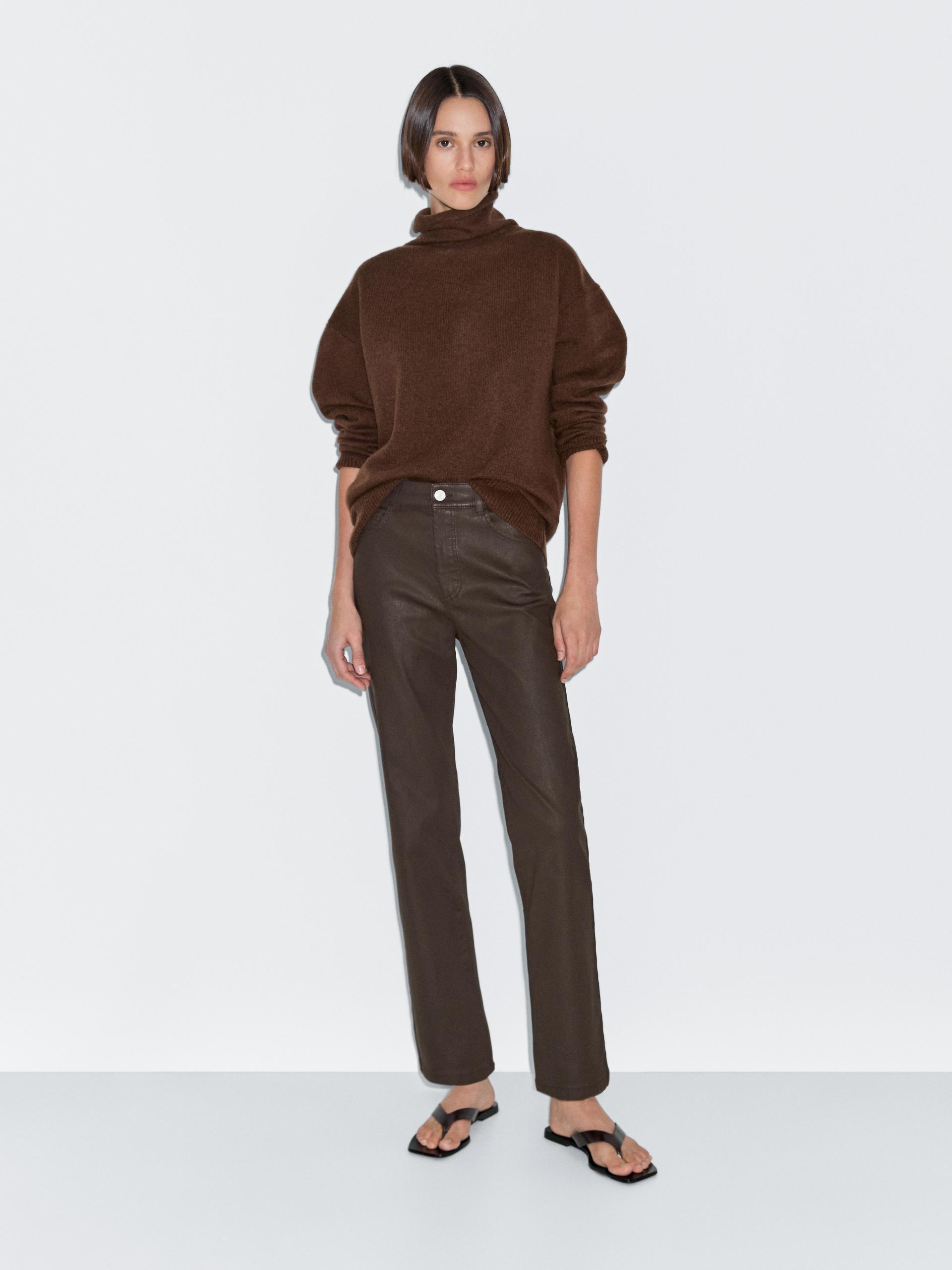 Pantalón Straight Fit Tiro Alto Encerado - Marrón - 36 - Massimo Dutti - Mujer