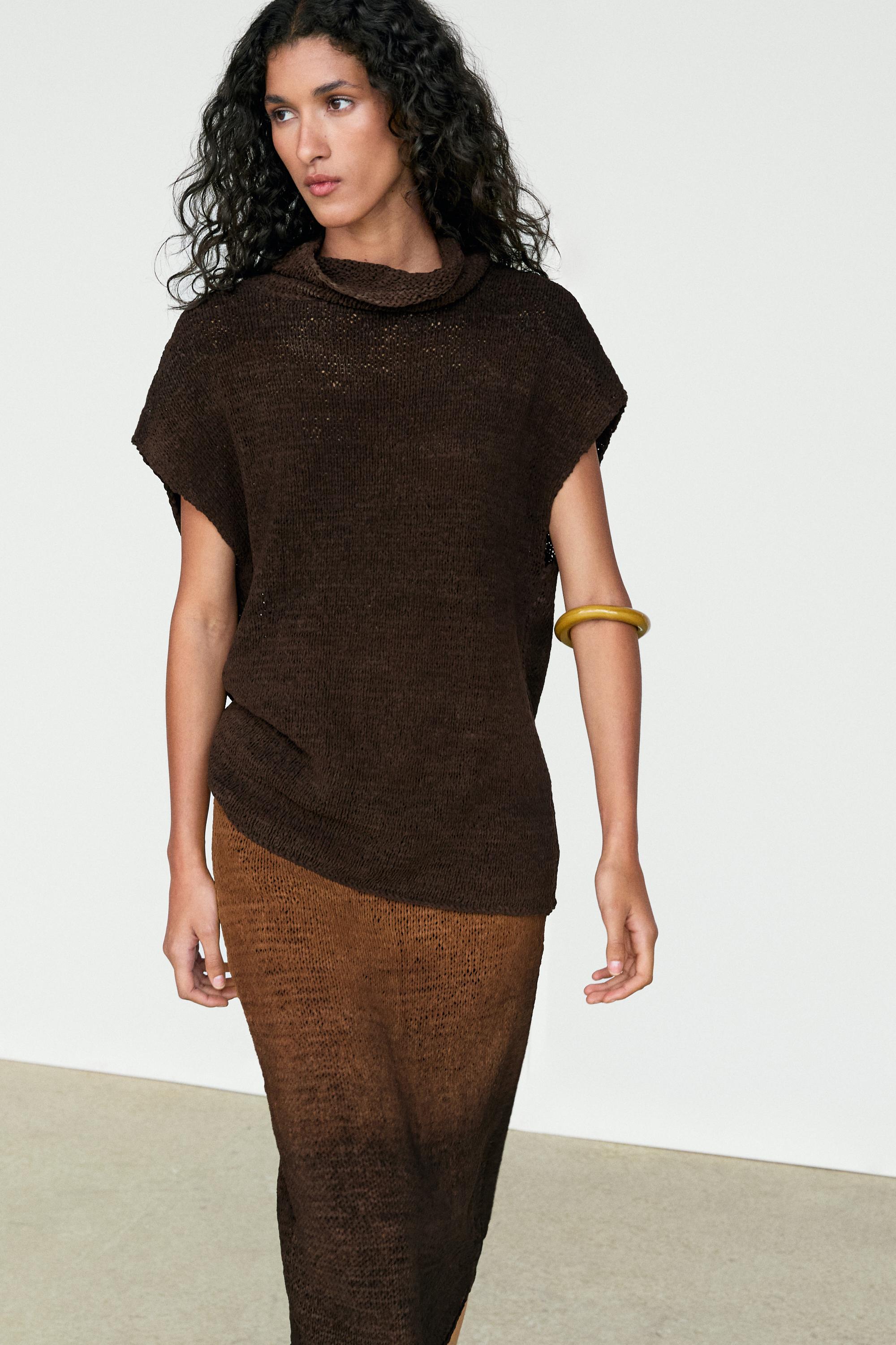Suede leather knit top — BROWN