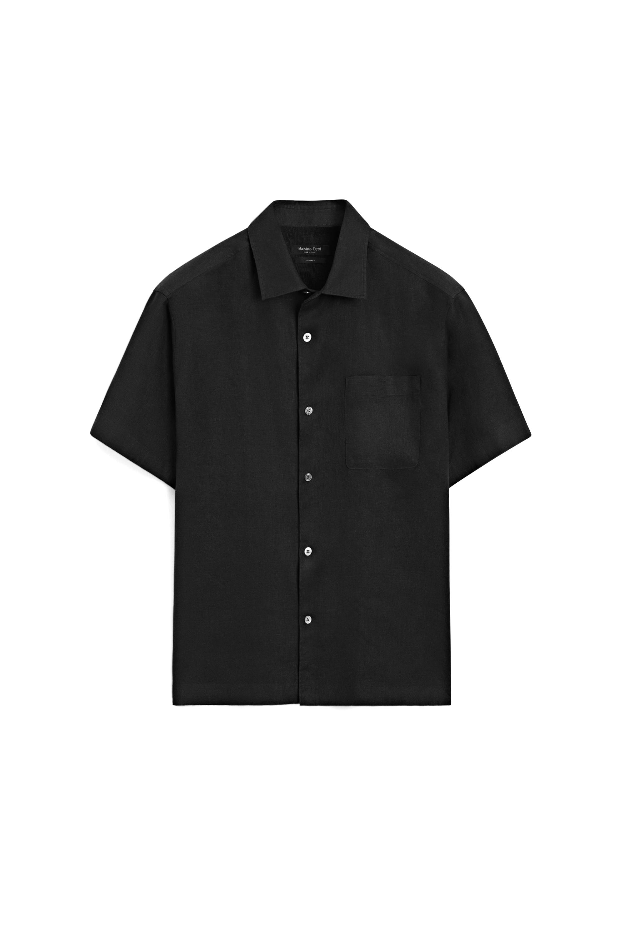 100% linen regular fit short sleeve shirt — BLACK