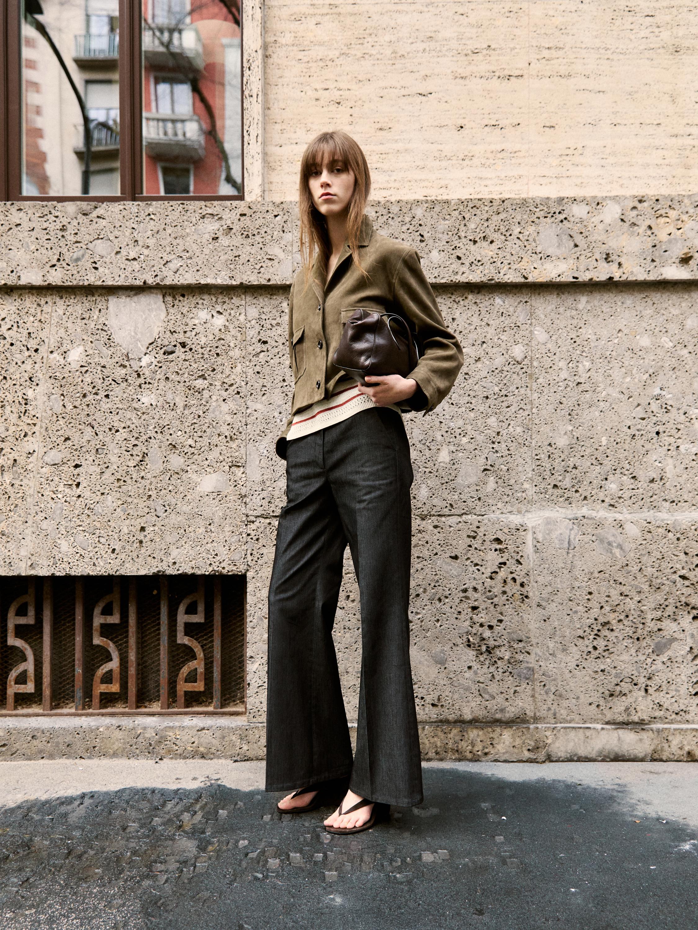 Denim-effect flared trousers — BLACK