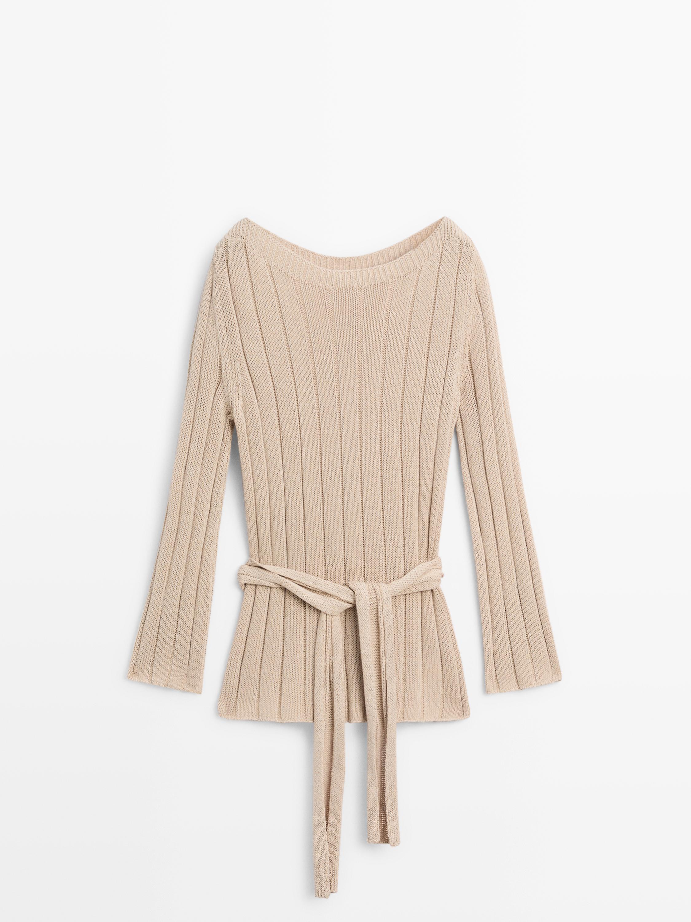 Cotton blend knit boat neck sweater — BEIGE