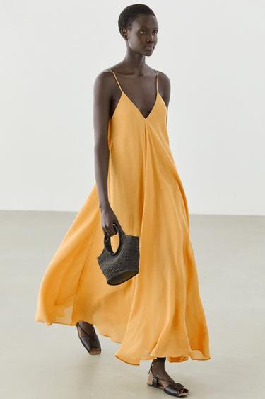 Linen blend flowing V-neck dress — YELLOW 3