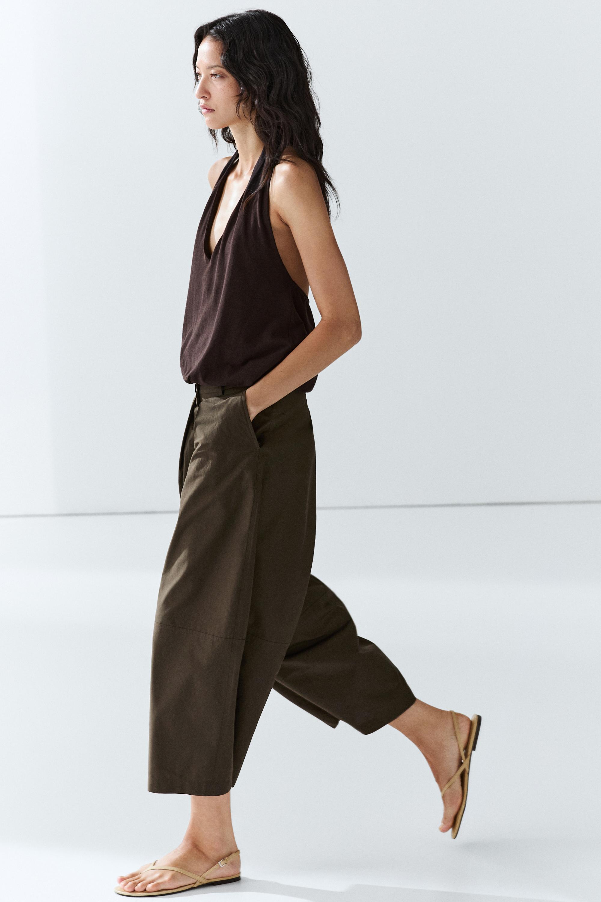 Cotton blend poplin wide-leg pants — KHAKI