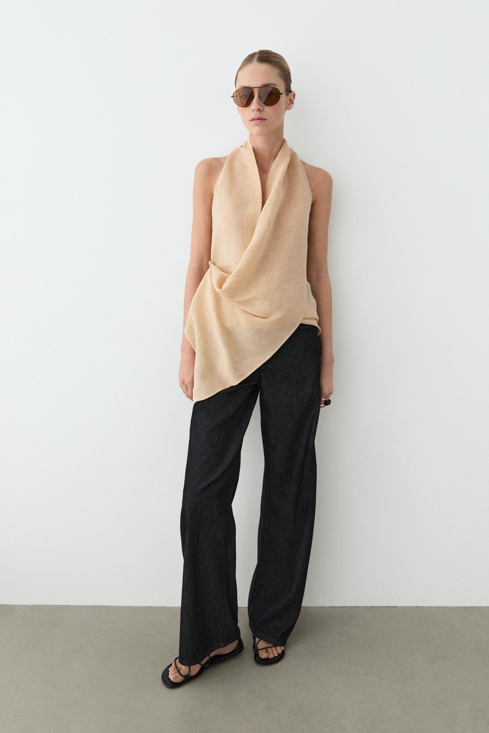 Linen blend draped halter top — STONE