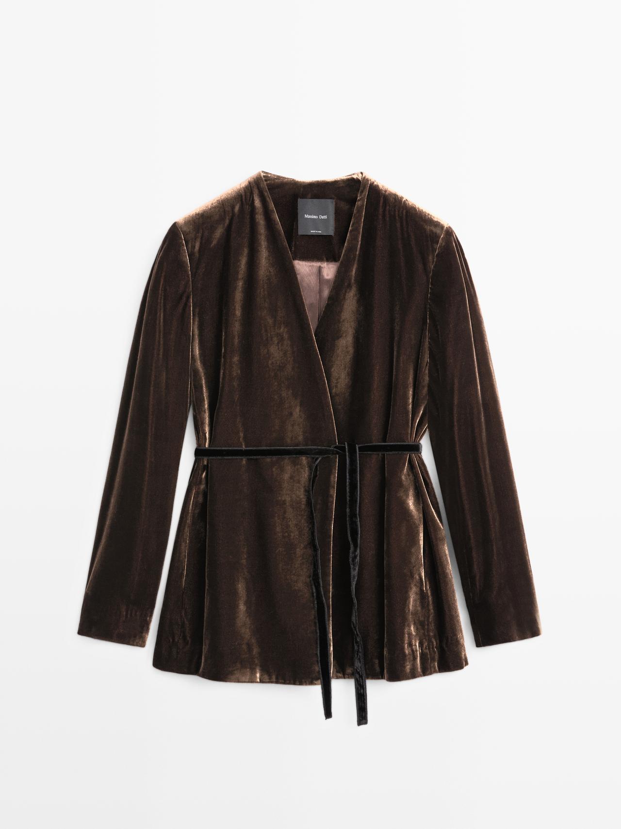 Massimo Dutti - Dame - Blazer I Velour Med Bindedetalje - Brun - 34