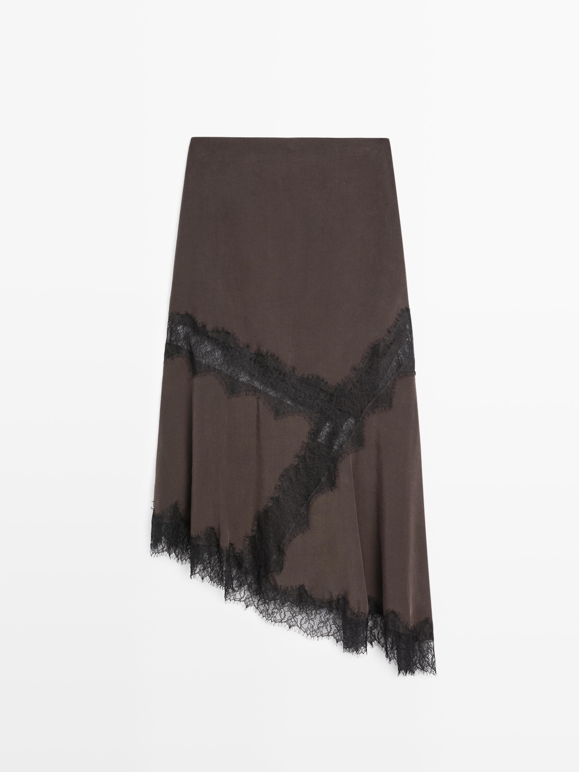 Flowing asymmetric midi skirt with lace detail