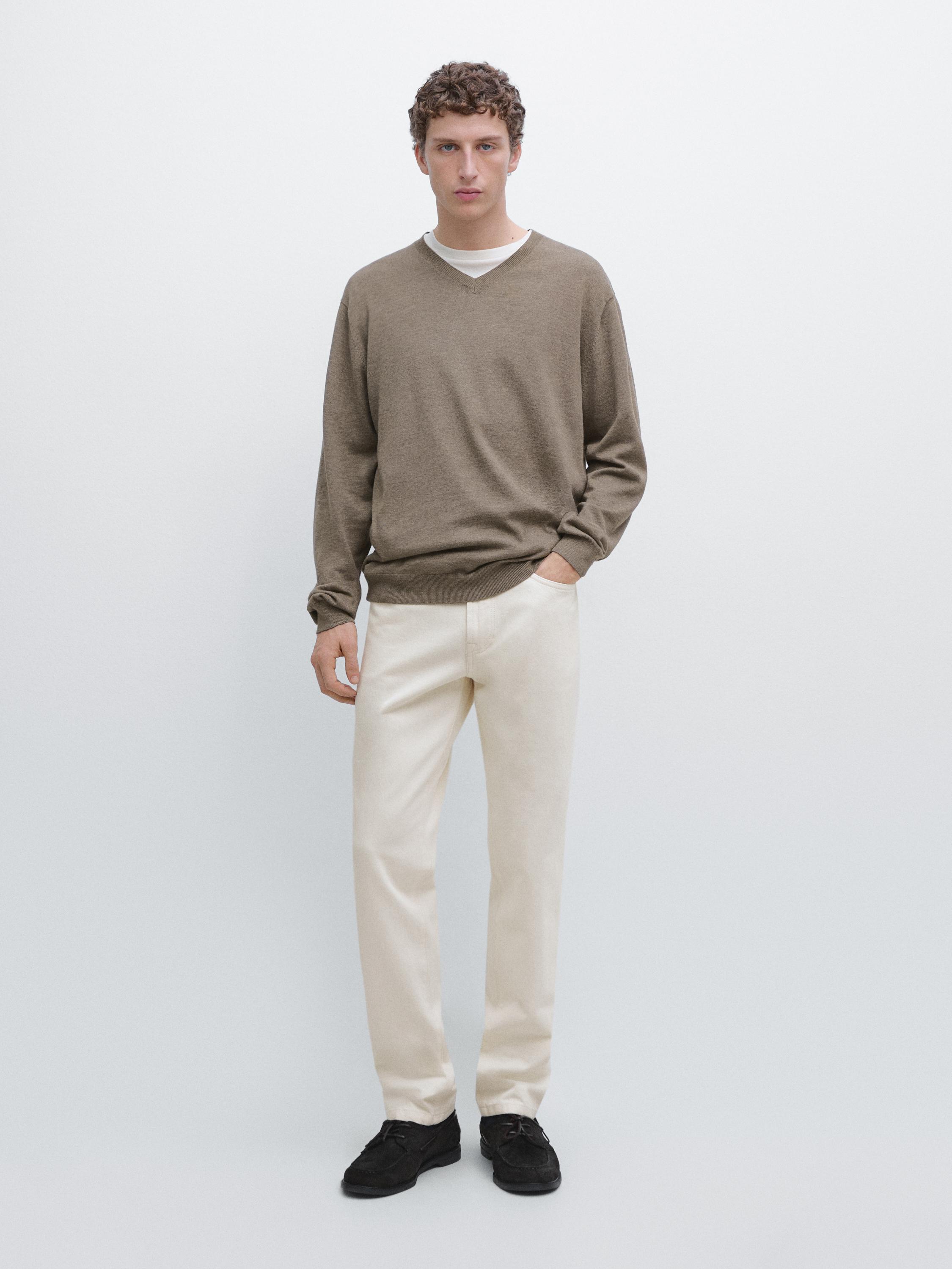 Cotton blend V-neck knit sweater — KHAKI