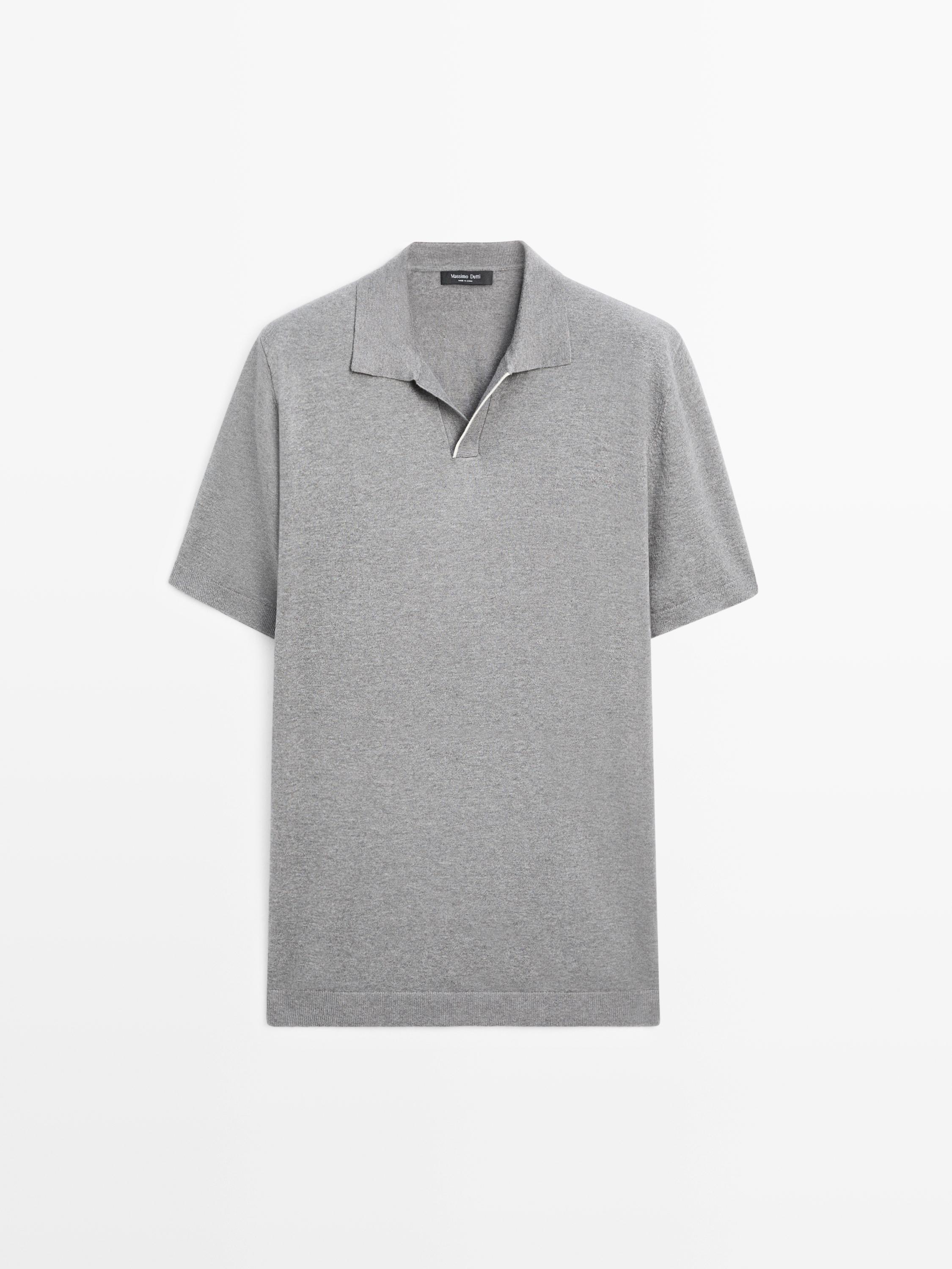 Short sleeve cotton and linen blend knit polo shirt