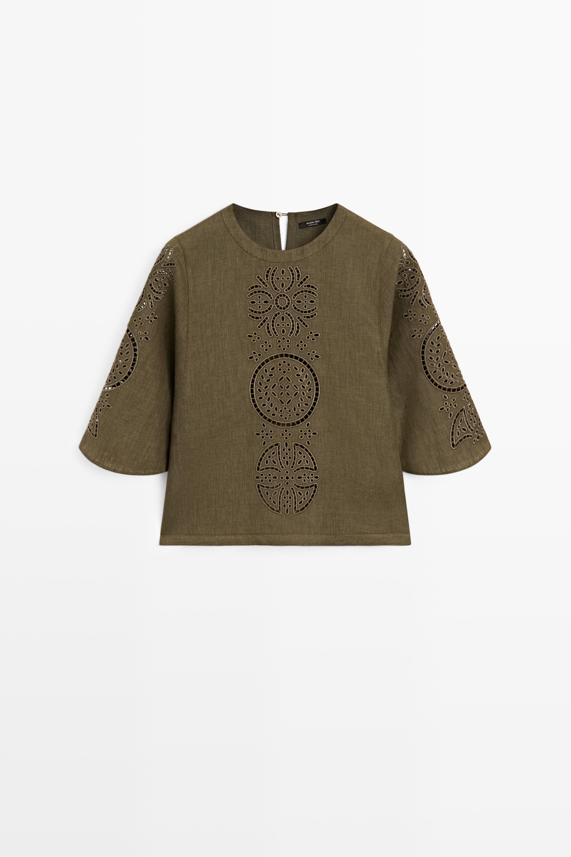 Linen blend blouse with embroidered details — GREEN