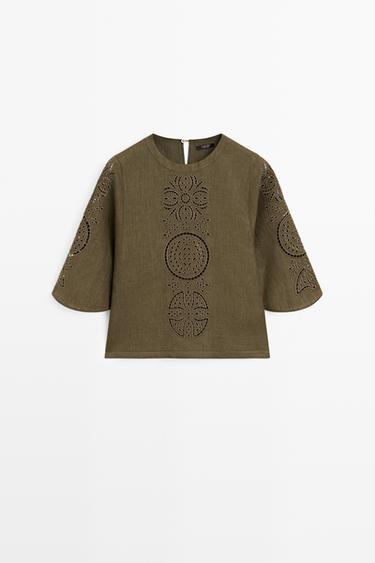 Linen blend blouse with embroidered details — GREEN 2