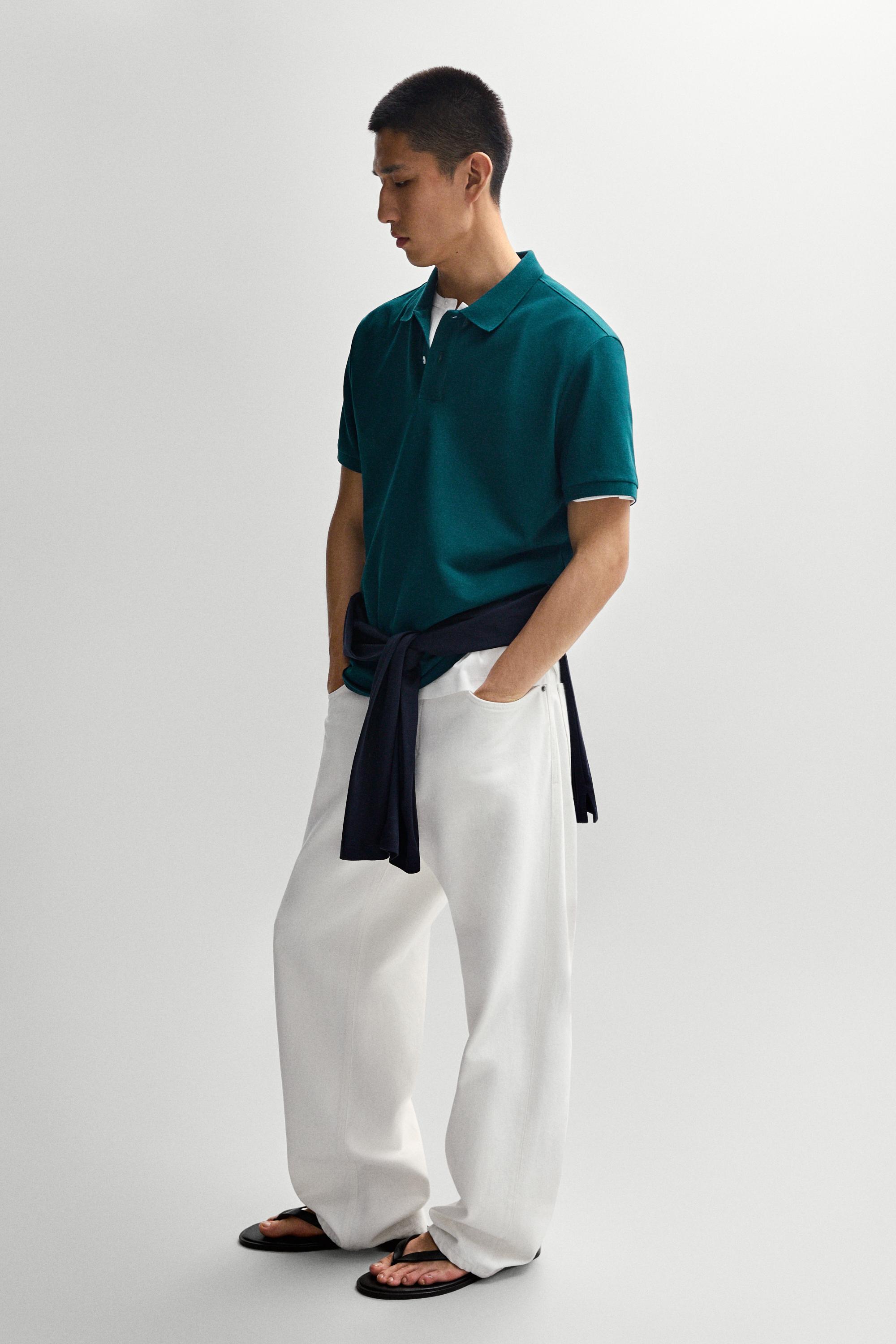 Micro-textured cotton piqué polo shirt — GREENISH BLUE