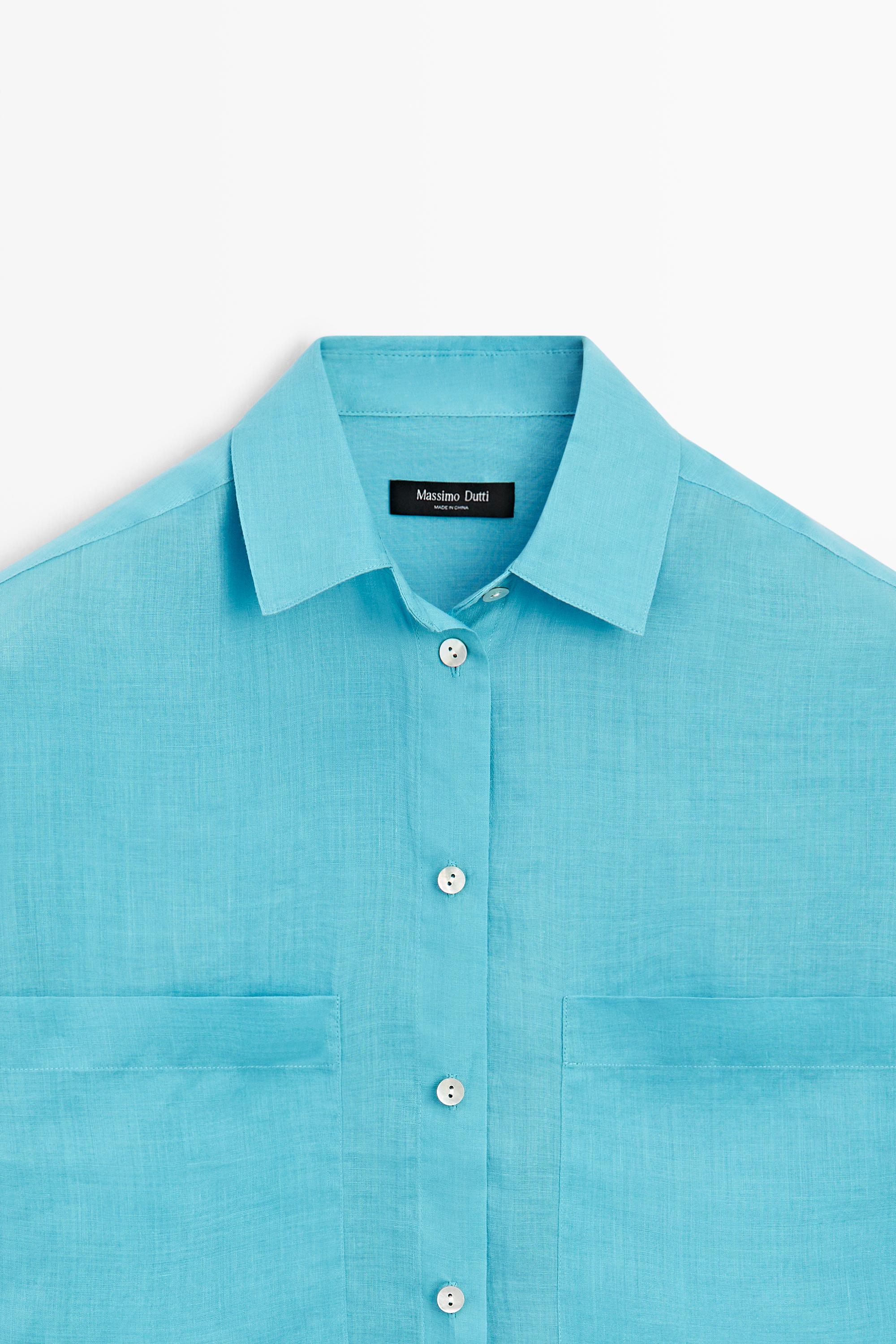 100% ramie flowing pocket shirt — TURQUOISE