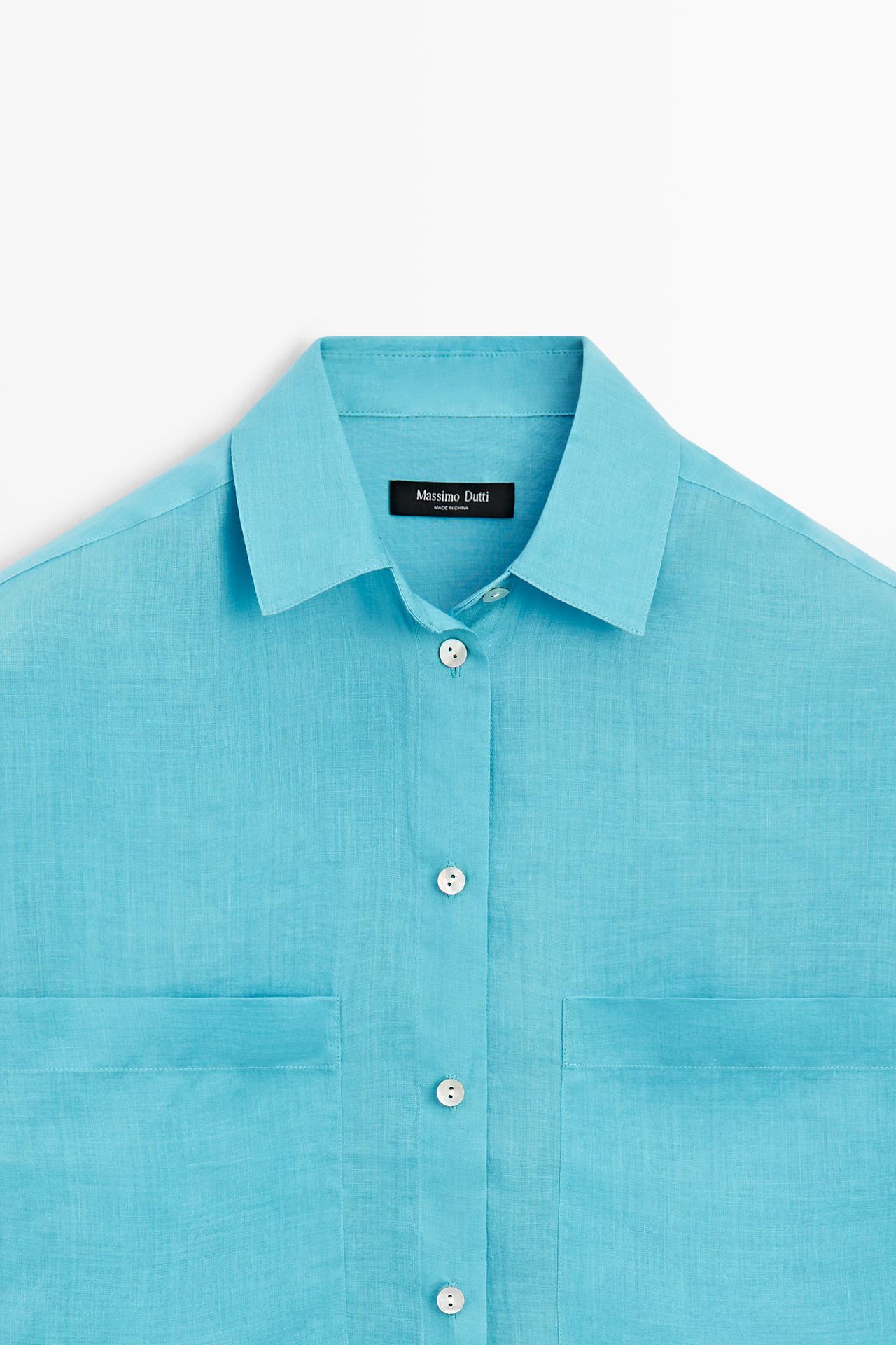 100% ramie flowing pocket shirt — TURQUOISE