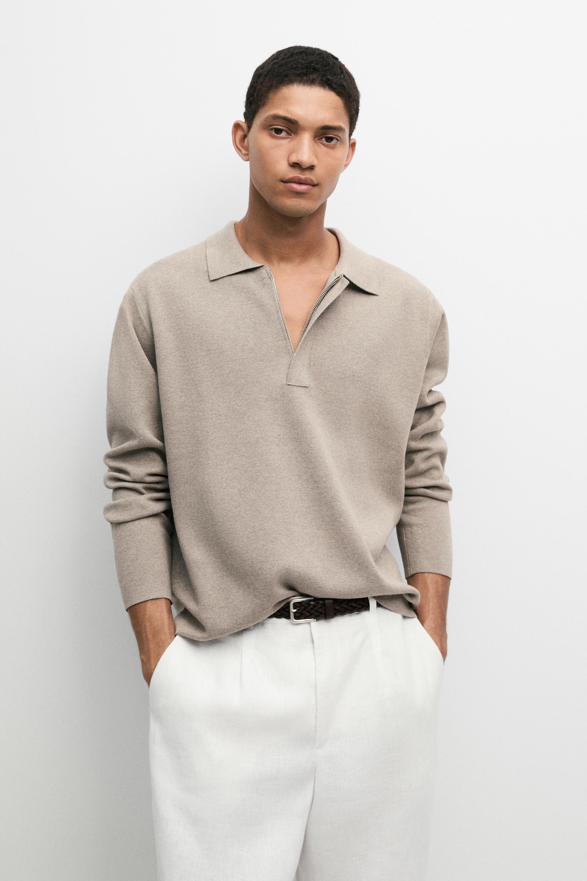 Cotton blend zip-up knit polo sweater — Washed