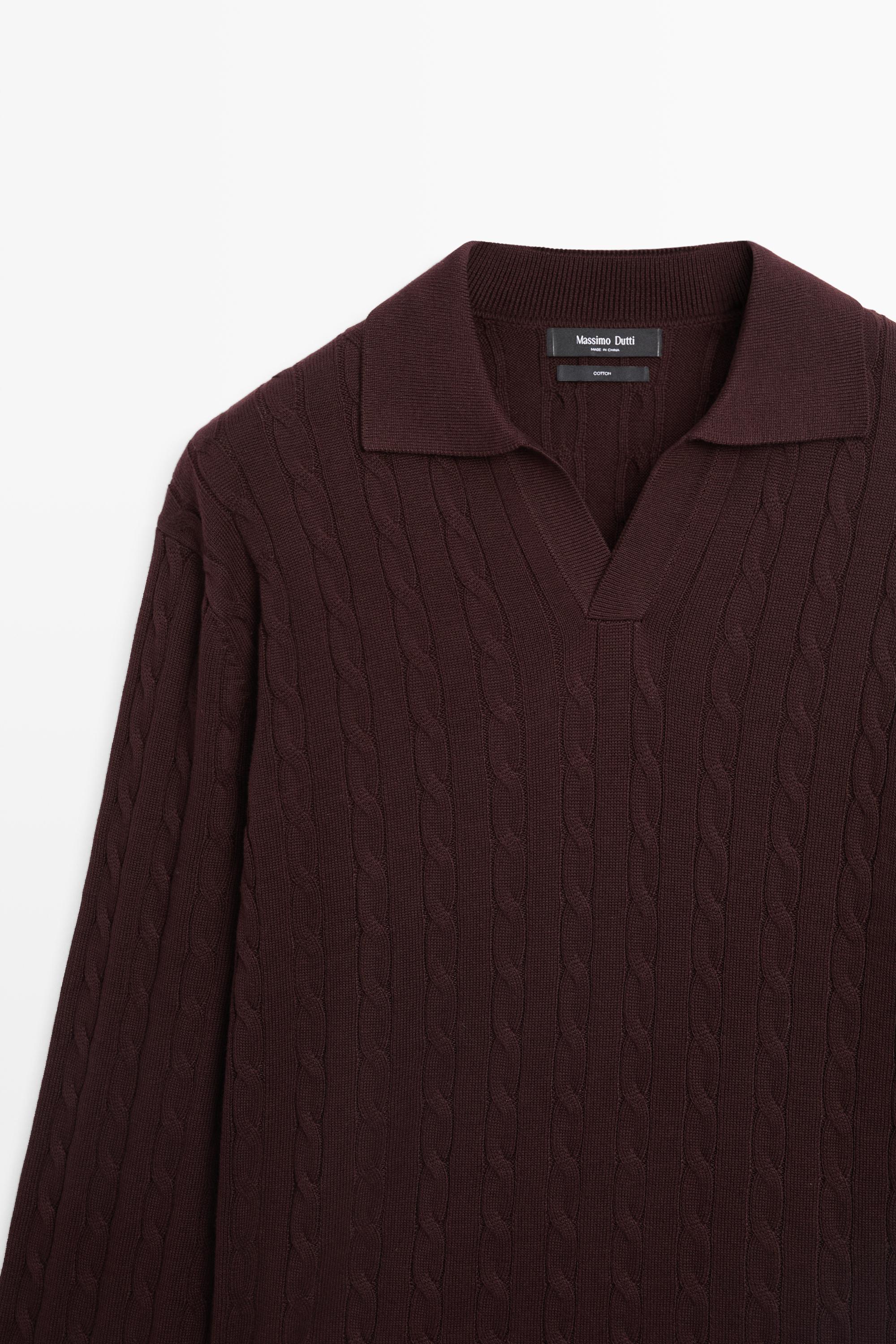 100% Cotton Cable-Knit Polo Sweater — BURGUNDY