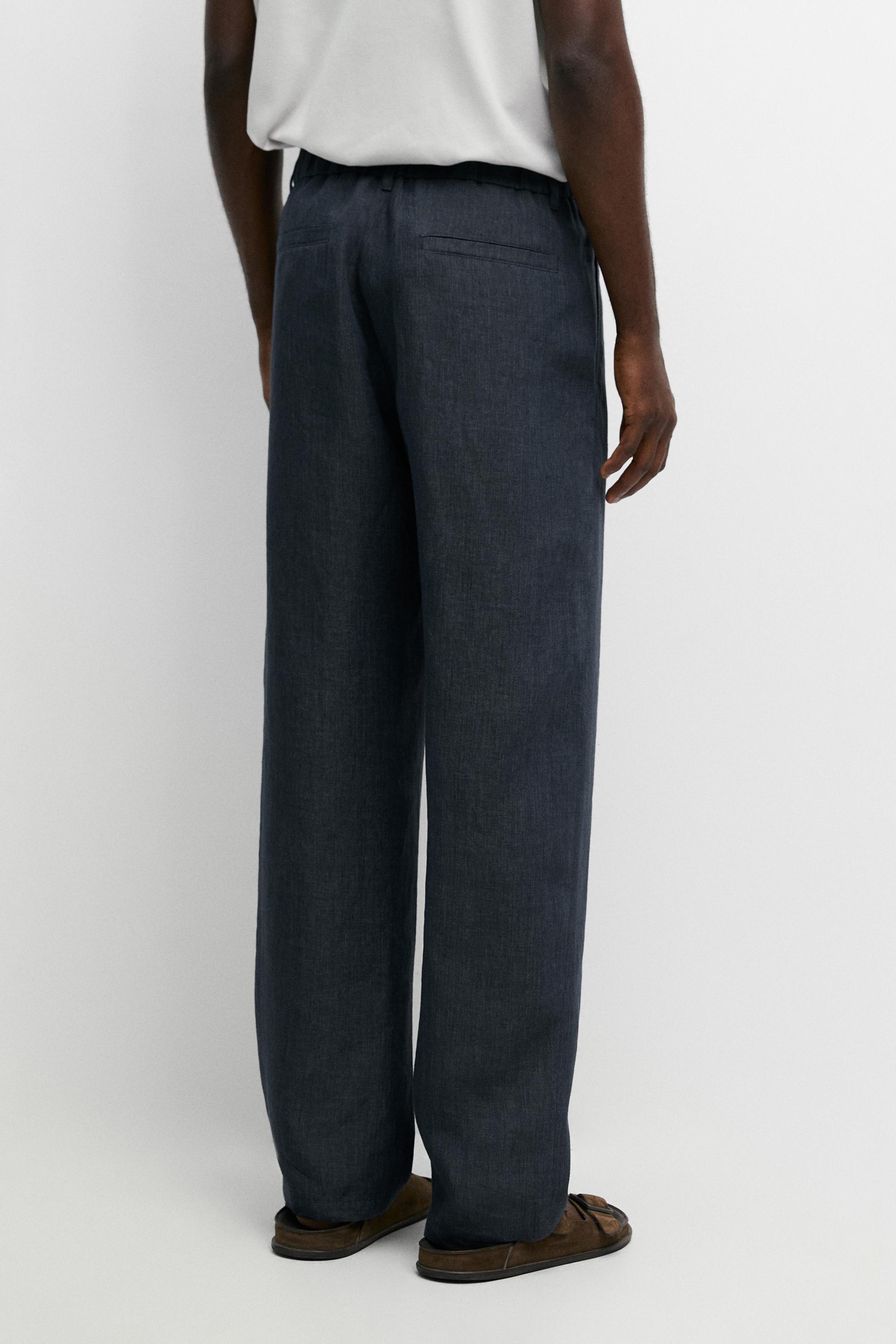 100% Linen Elastic-Waist Pants — NAVY BLUE