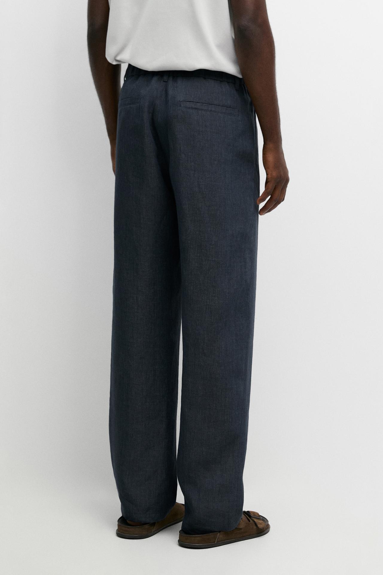 100% Linen Elastic-Waist Pants — NAVY BLUE