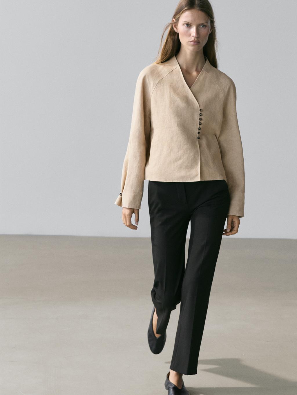 Short jacket, 100% linen · Ჩალისფერი · Coats | Massimo Dutti