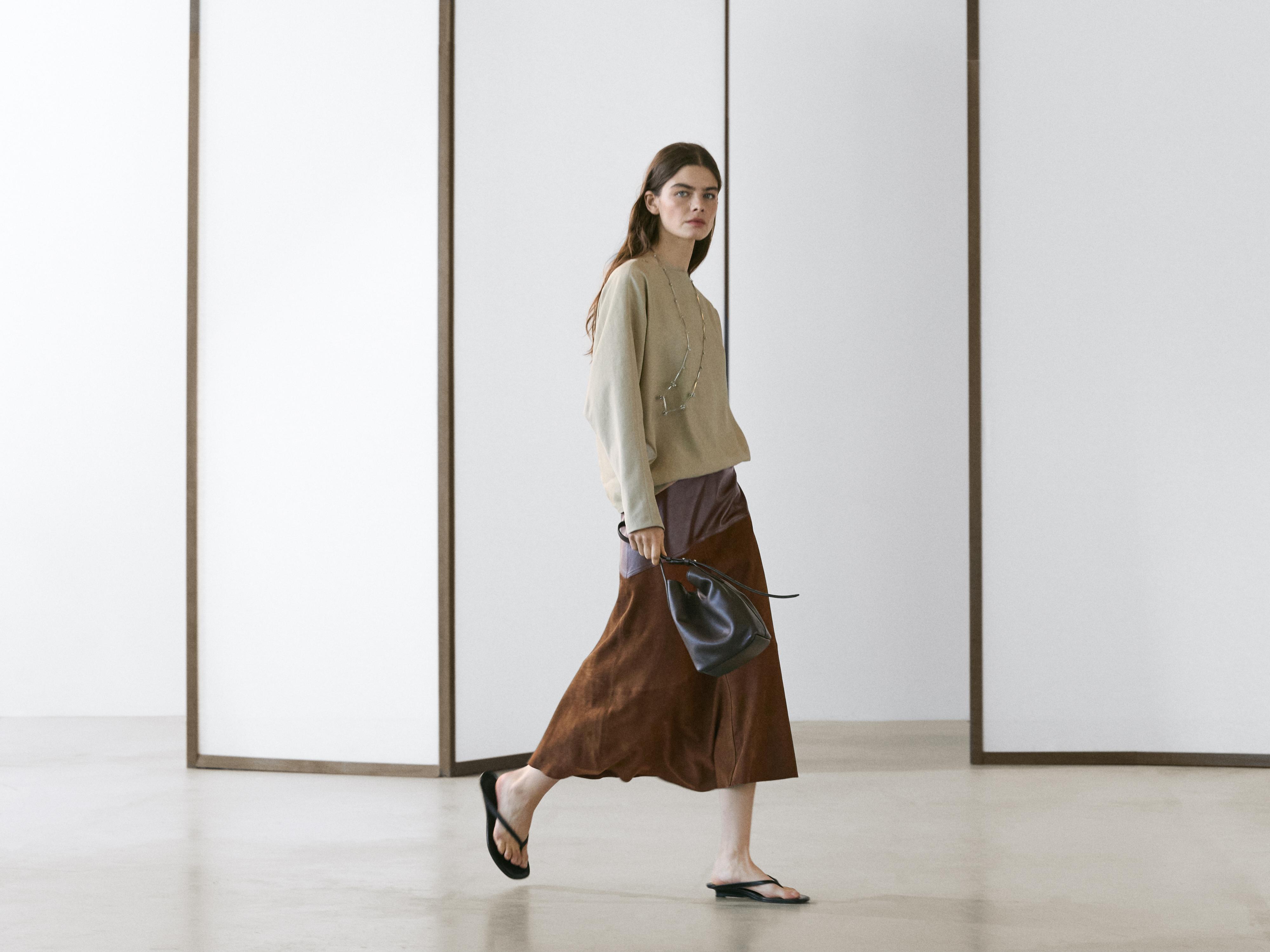Suede nappa leather skirt with asymmetric yoke — BROWN
