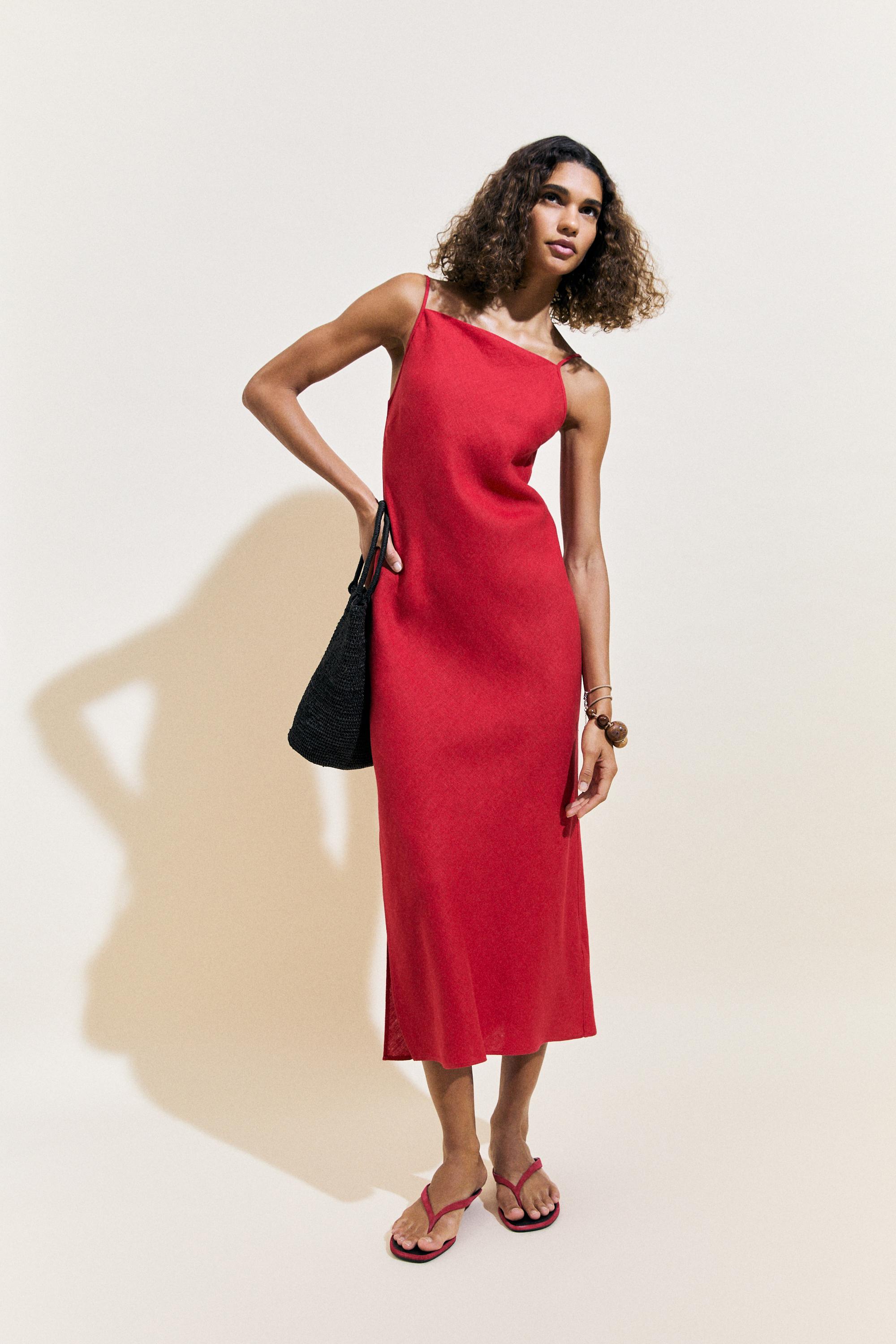 100% linen midi dress with straight neckline — RED