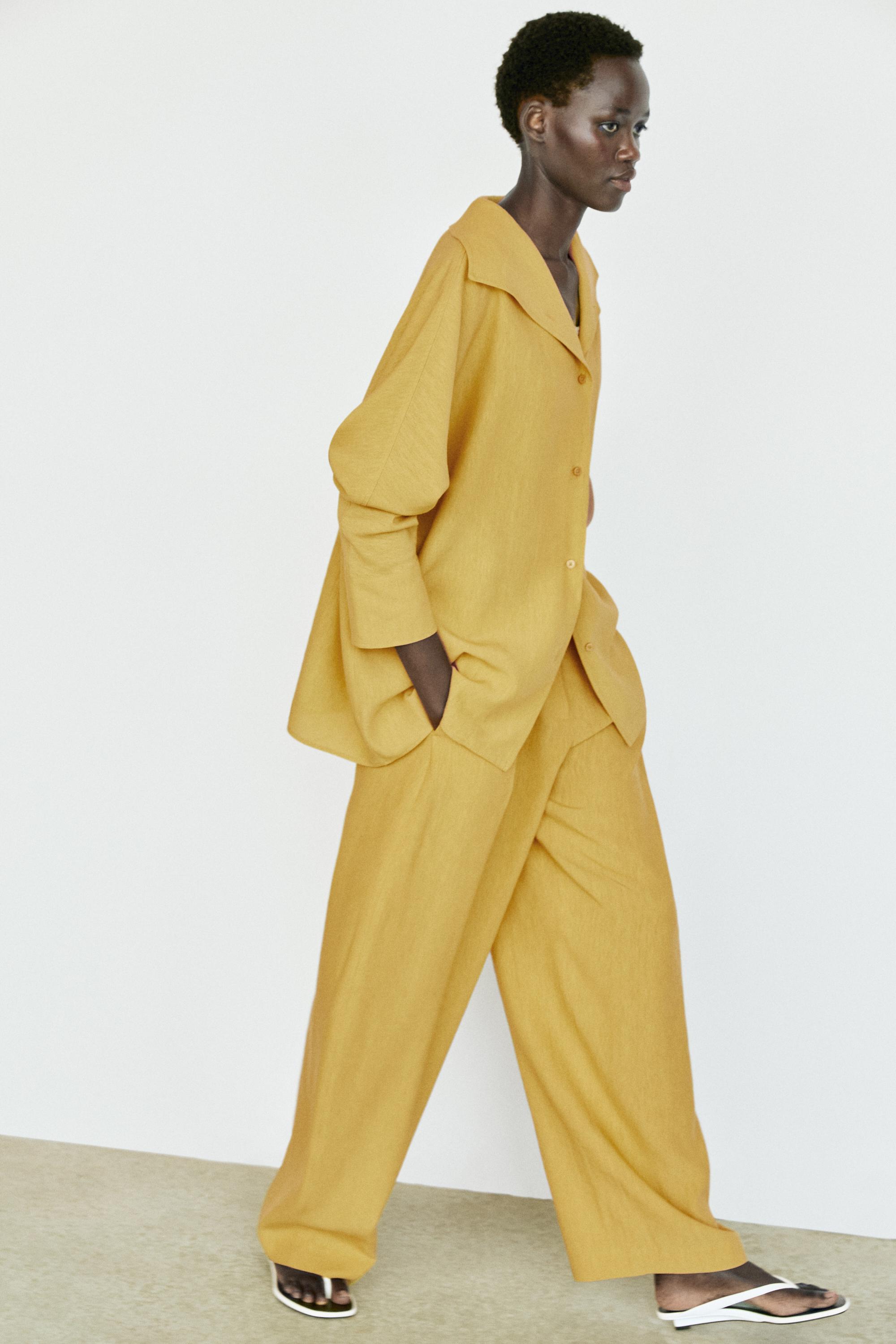 Flowing linen blend shirt with statement collar — MUSTARD YELLOW