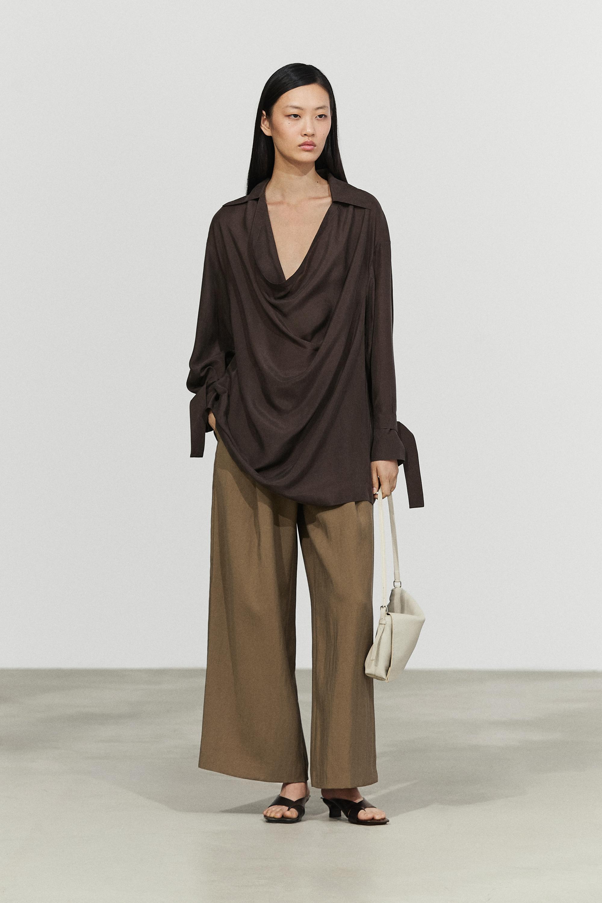 100% Silk Draped Neckline Flowy Shirt — BROWN