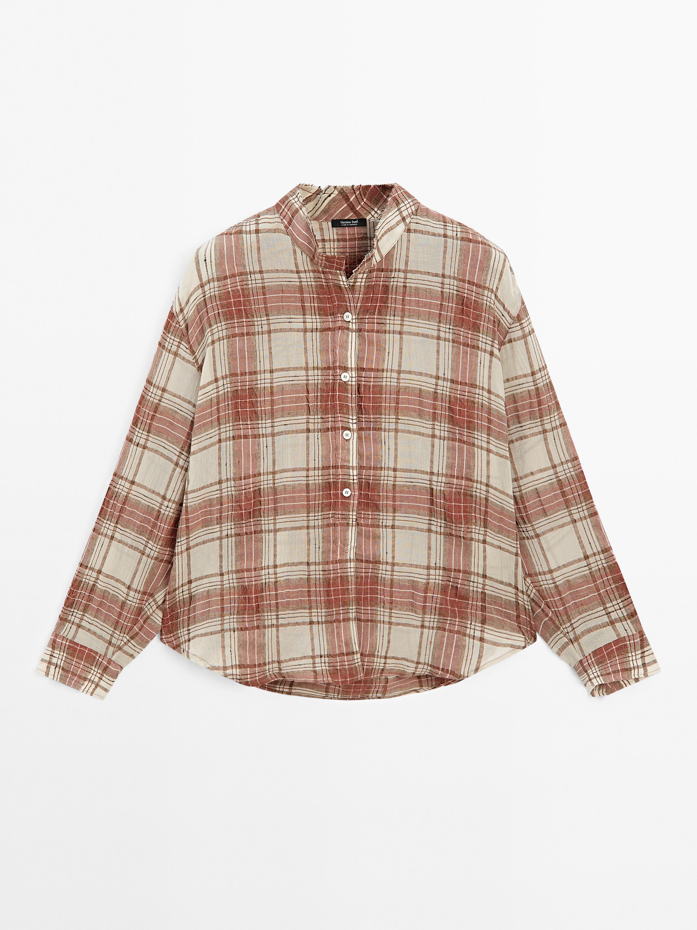 Oversized checked shirt with stand collar