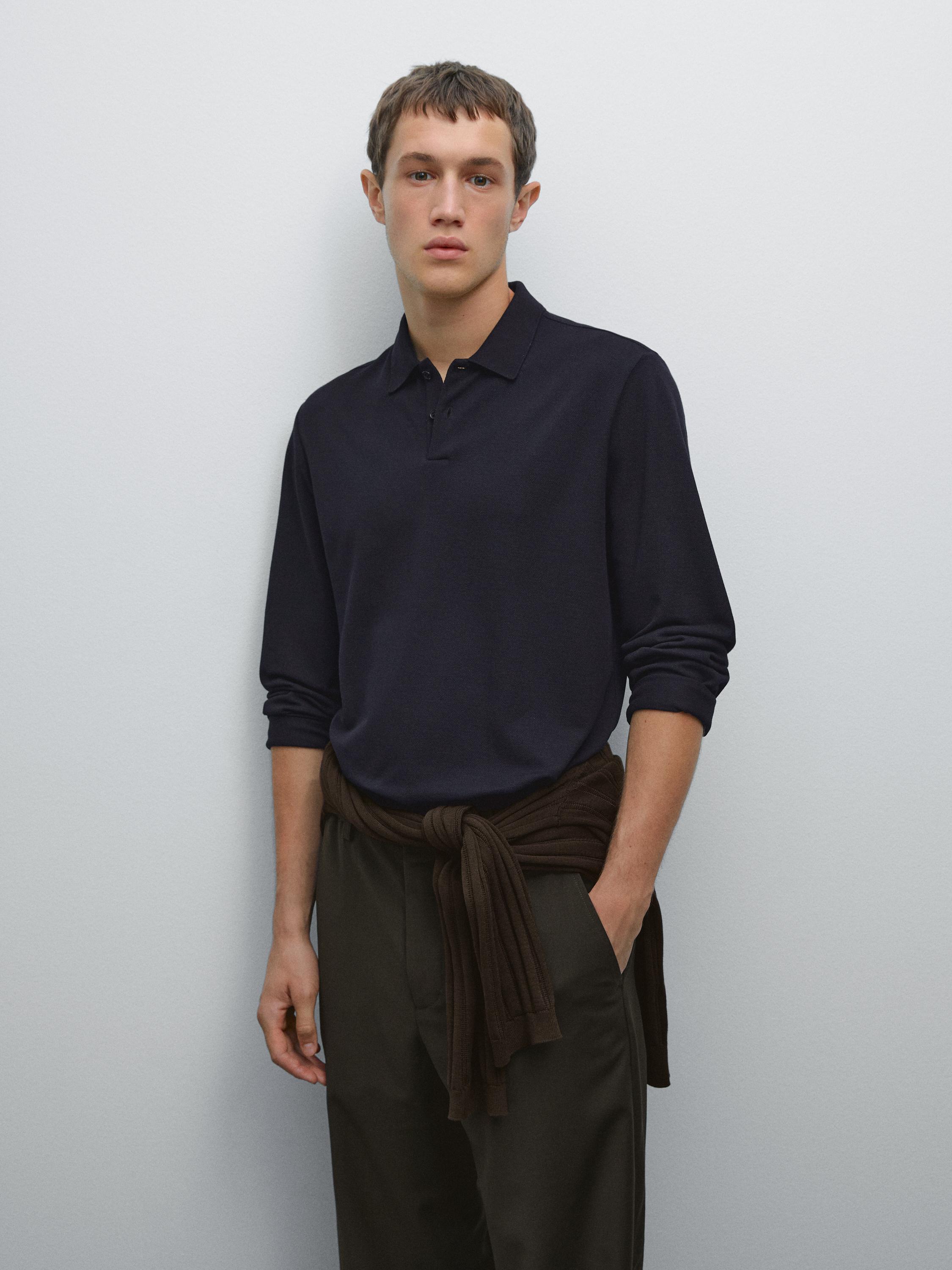 Long sleeve mercerised cotton piqué polo shirt