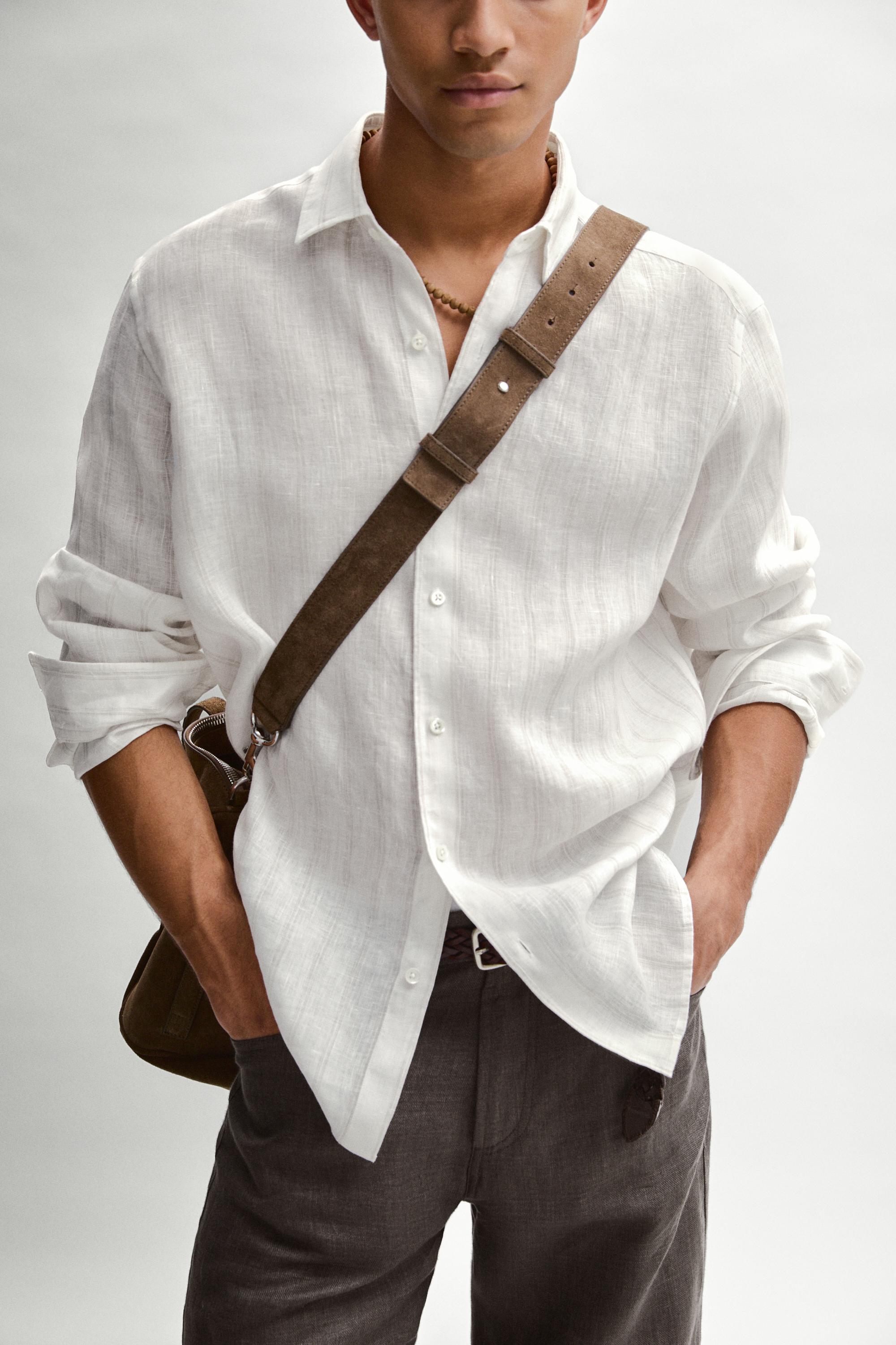 100% linen regular fit striped shirt — BEIGE