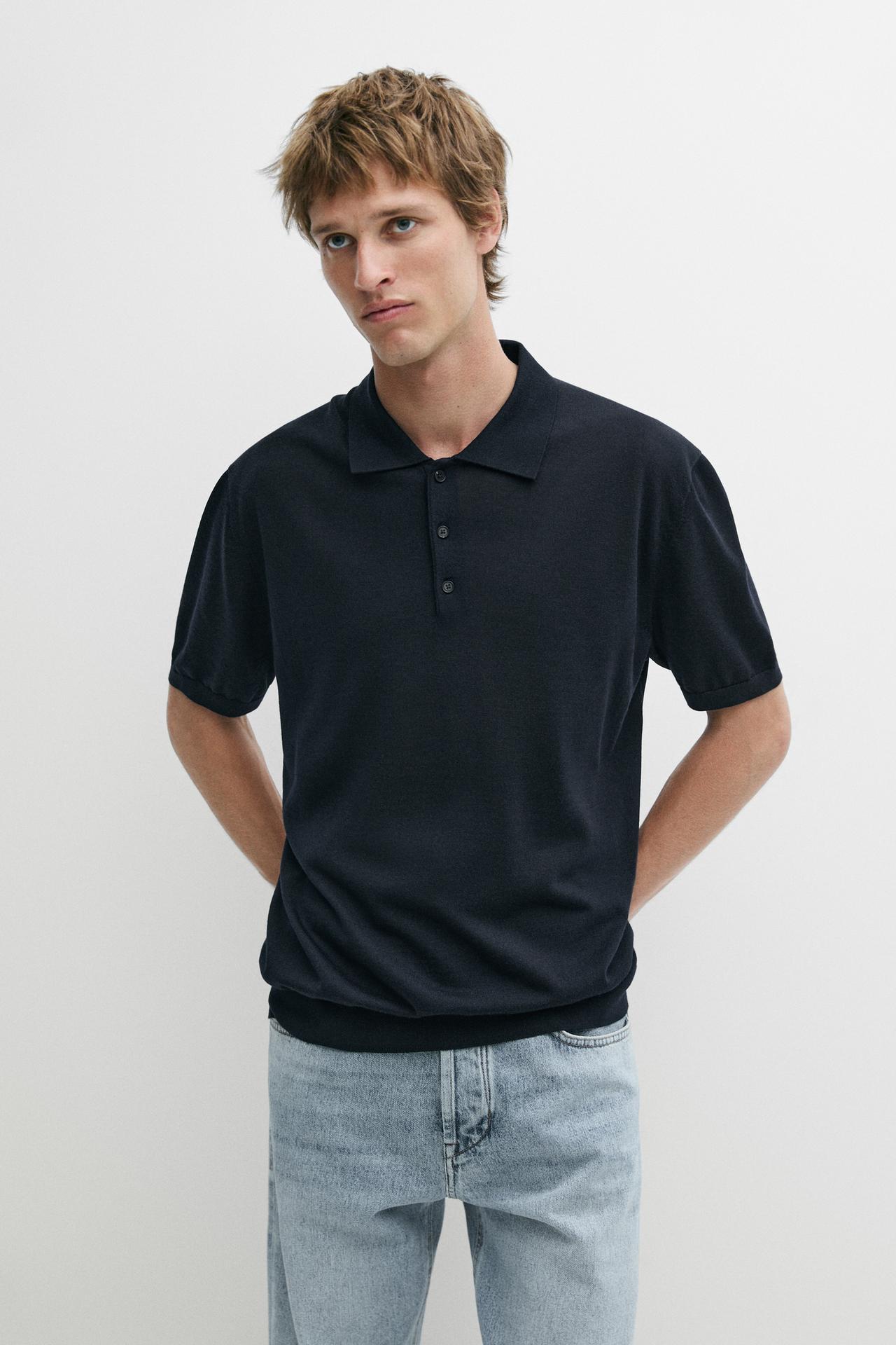 Wool blend knit polo shirt — NAVY BLUE