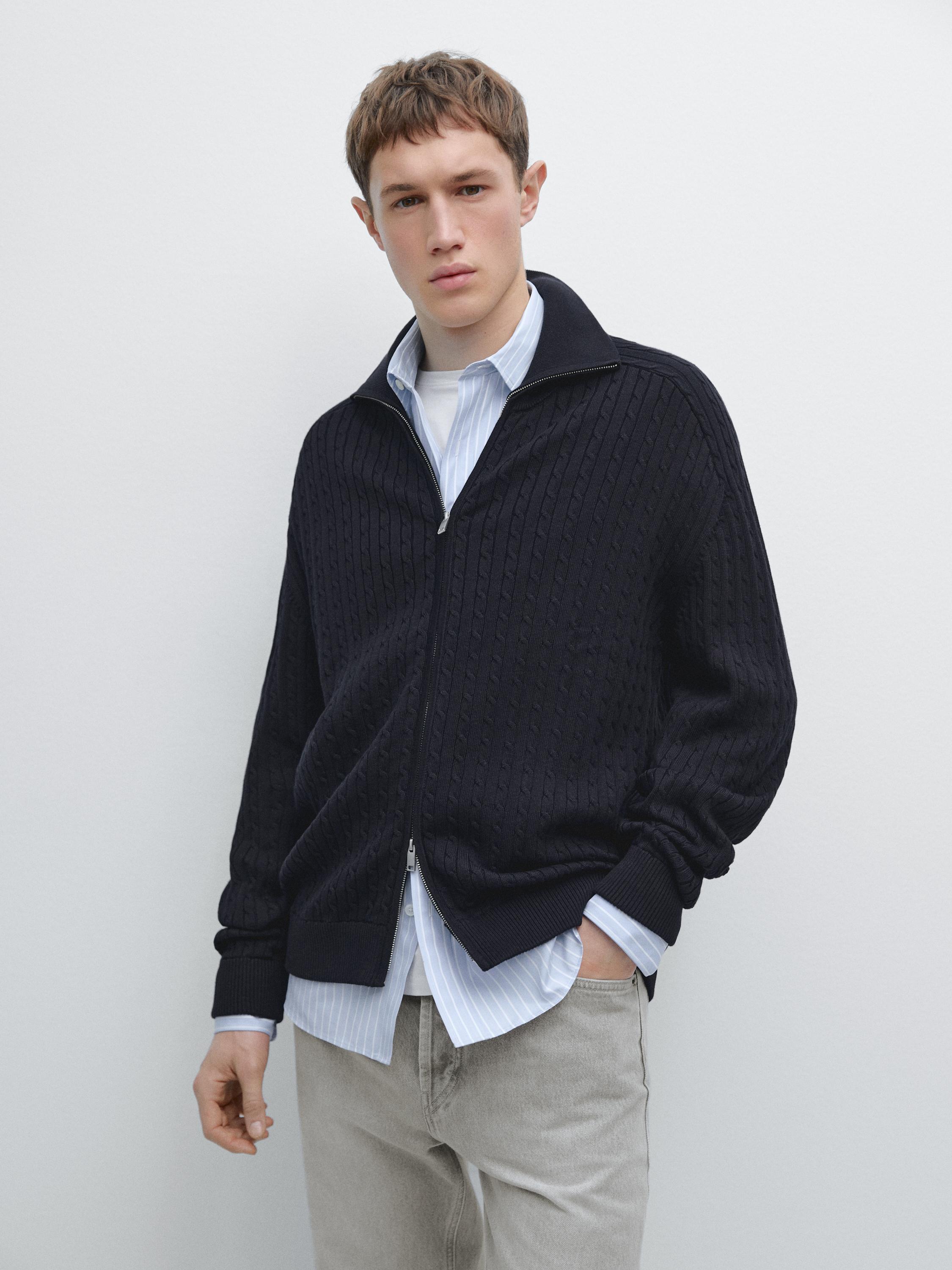 Cotton cable-knit cardigan with zip — NAVY BLUE